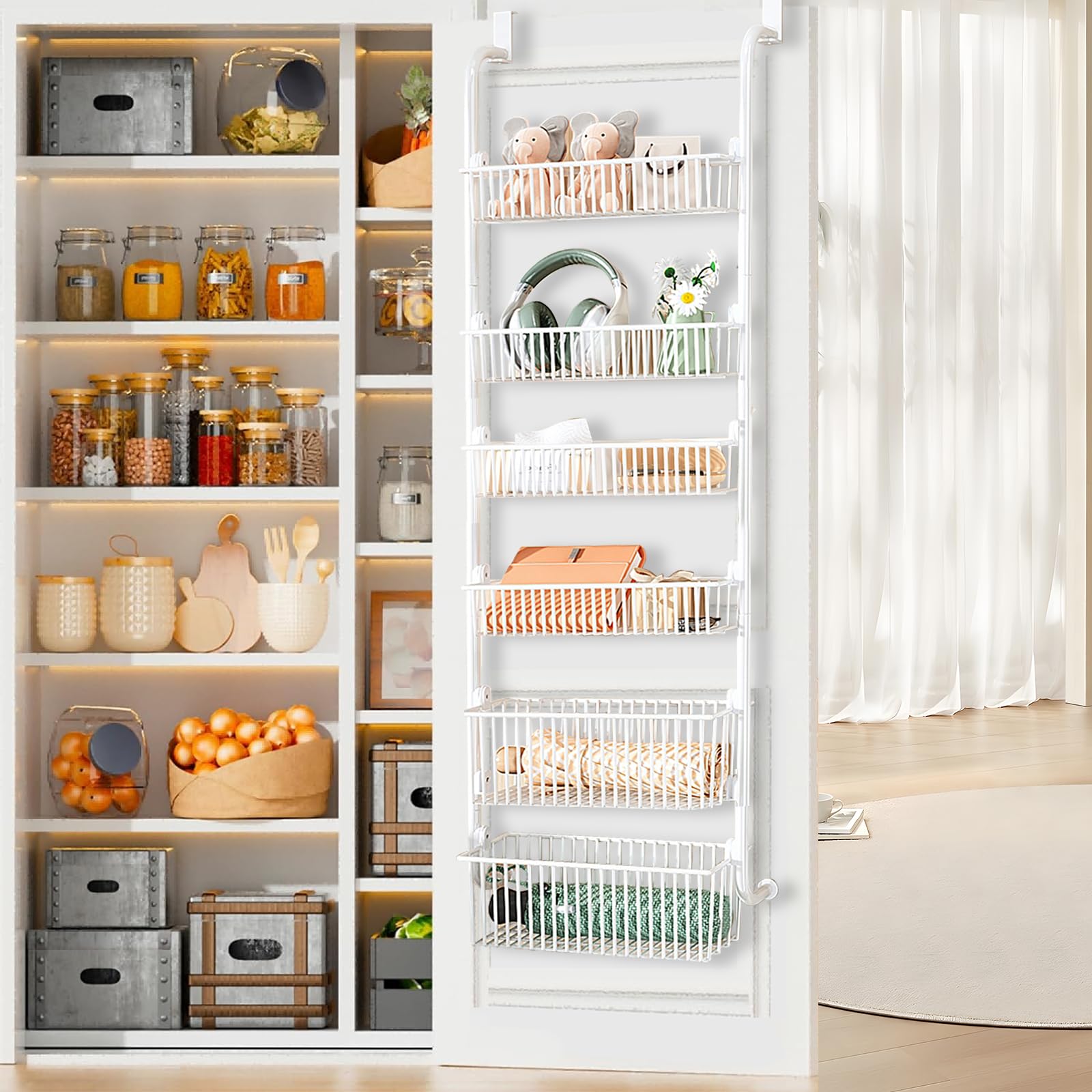 Organizador de Almacenamiento Sobre Puerta, Estante de Especias Sobre Puerta de 6 Niveles, Organizador de Latas de Especias de Metal para Cocina, con Ventana Transparente para Colgar en la