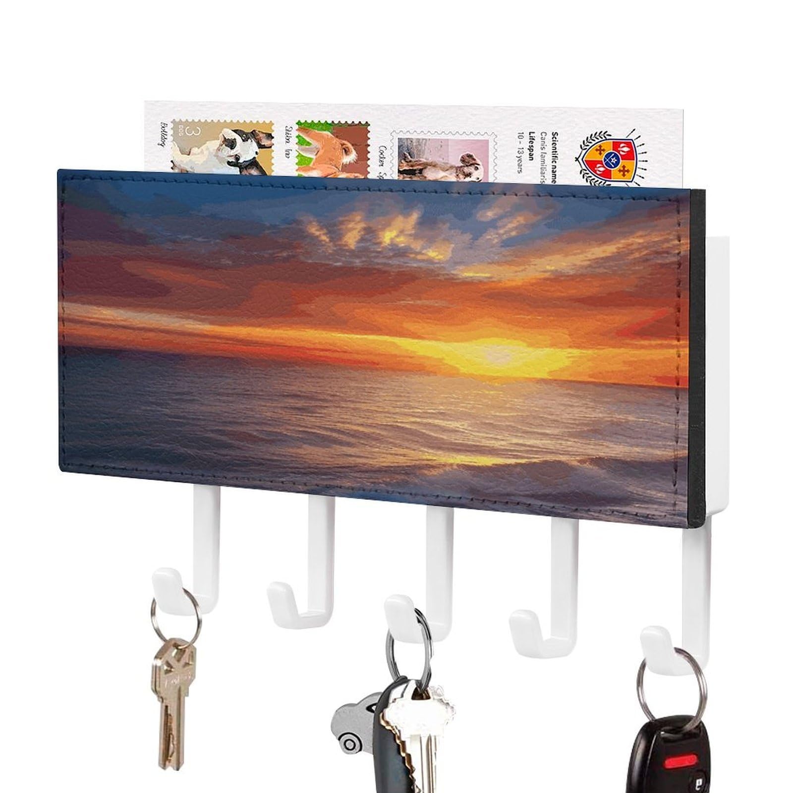 Fekiloot White-Style Sea And Sunset Key Holder Wall Mount Decorative Key And Mail Holder Pu Key Rack With 5 Hooks Key Hanger Organizer Decorative Home Decor For Wall For Entryway Office Living Room