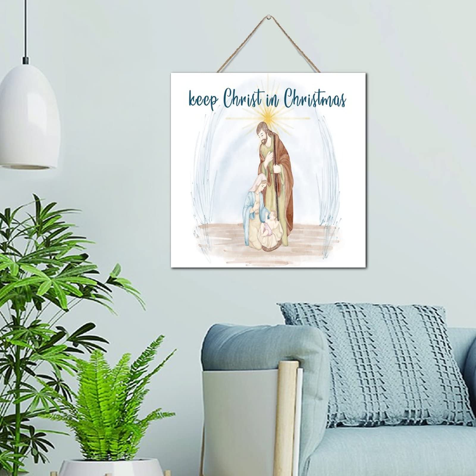 Scène de Noël en bois à suspendre décoration antique 30x30 cm