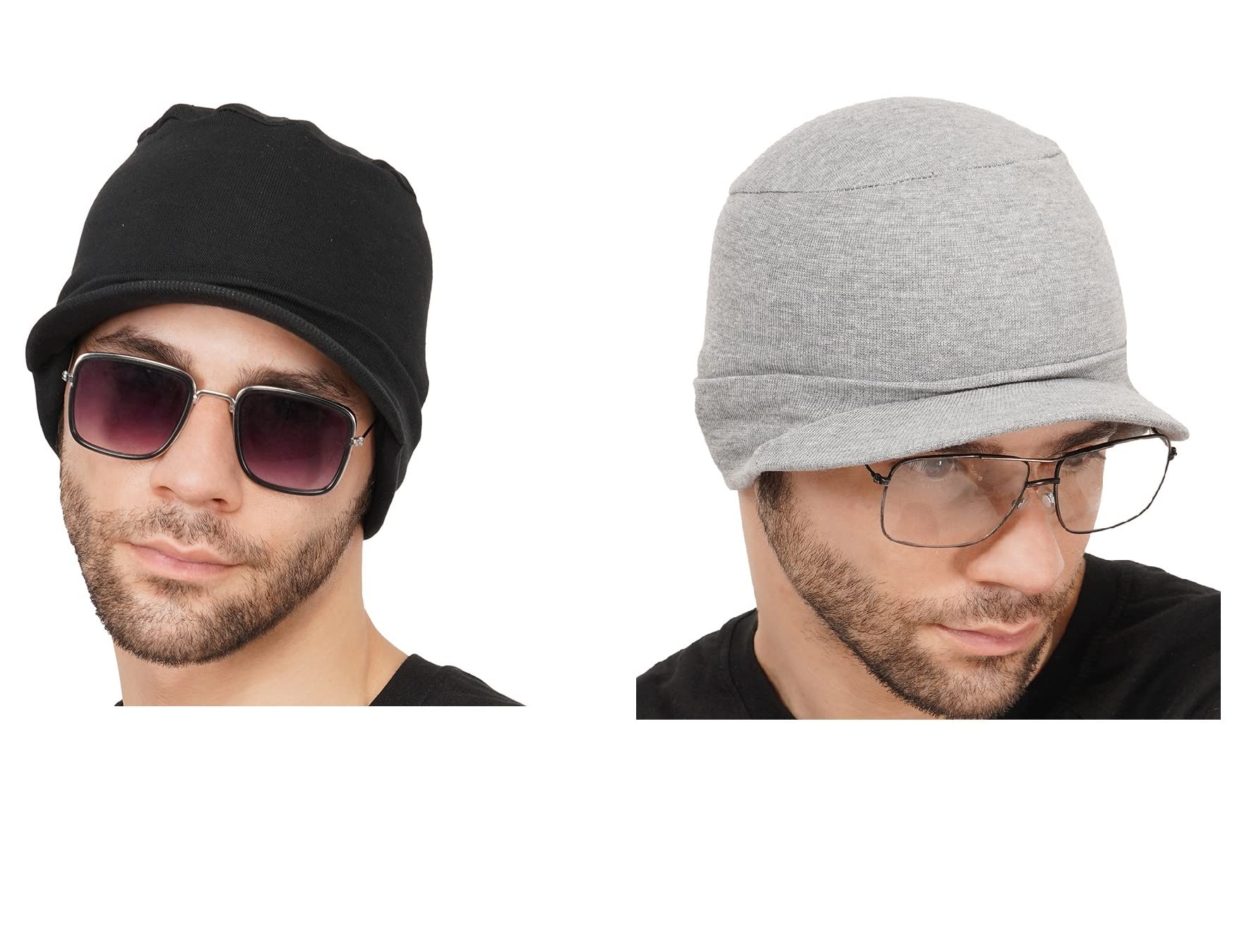 Unisex Fashionable Cotton Cap for Men Woman Adjustable Quick Dry Skull Beanie Trendy Regular Use Topi for Running Jogging Indoor & Outdoor Activity (Plain Cap Black and Grey Color Combo)