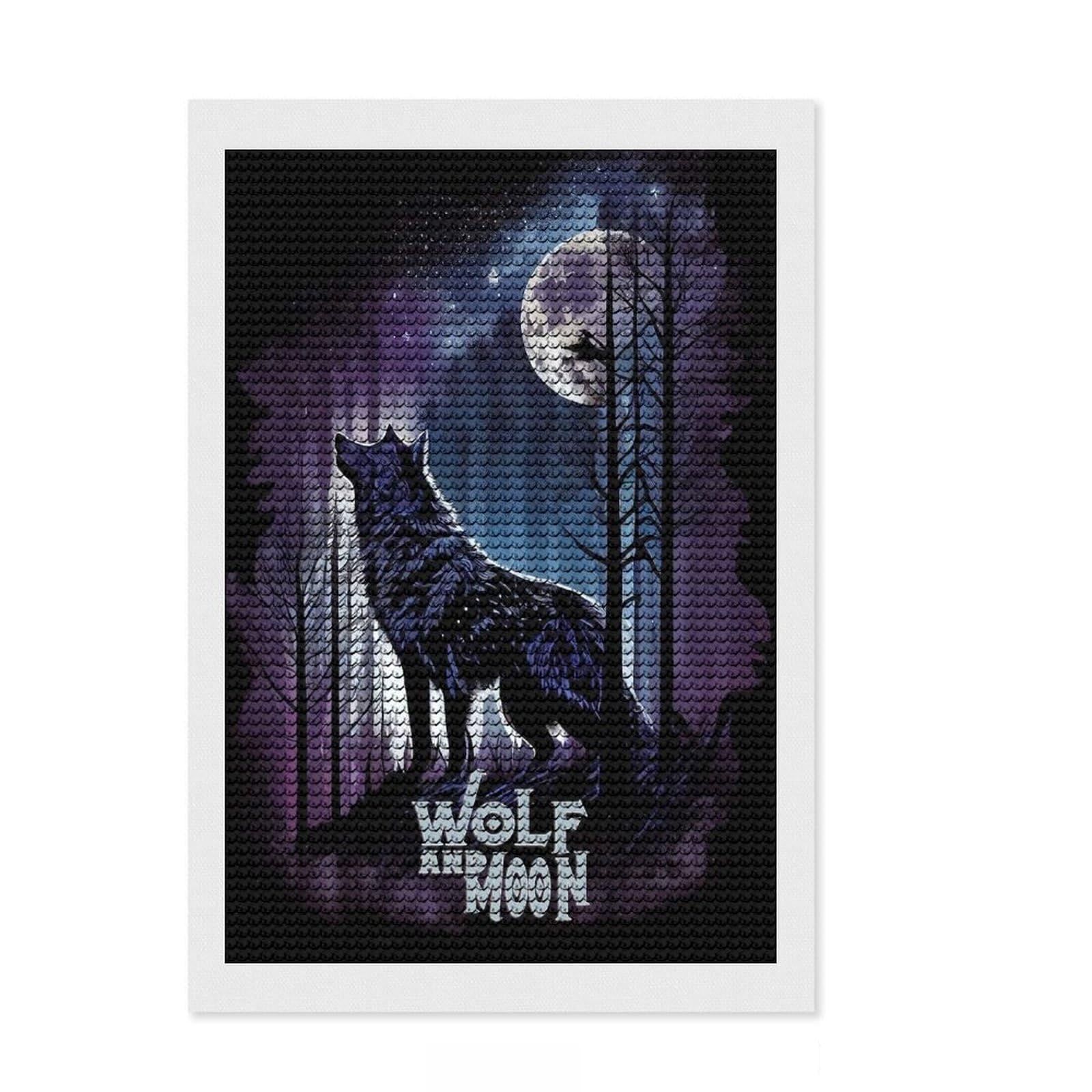 Junmoney Wolf and Moon 5D Diamond Painting Kit 8"x12", Easy to Enjoy, Cute Room Decor, Full Kit Included, Creative Gift Idea