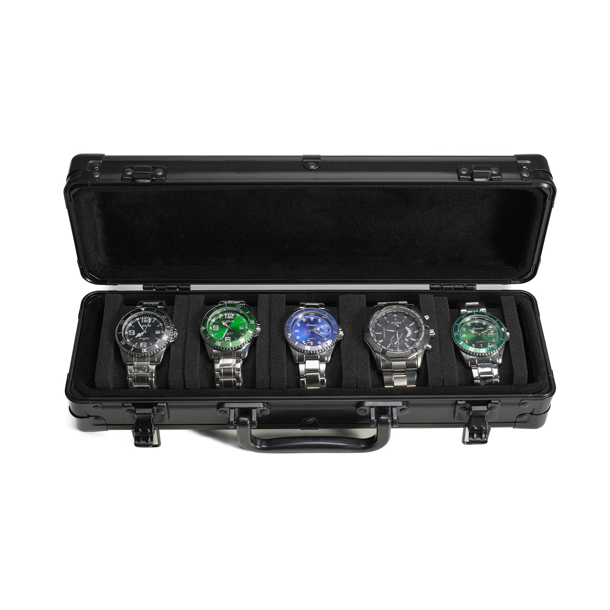 MATGEUT Aluminum watch storage box, deluxe Watch organizer, hard watch carry case holder for large and small watches (BLACK, 5 SLOTS)