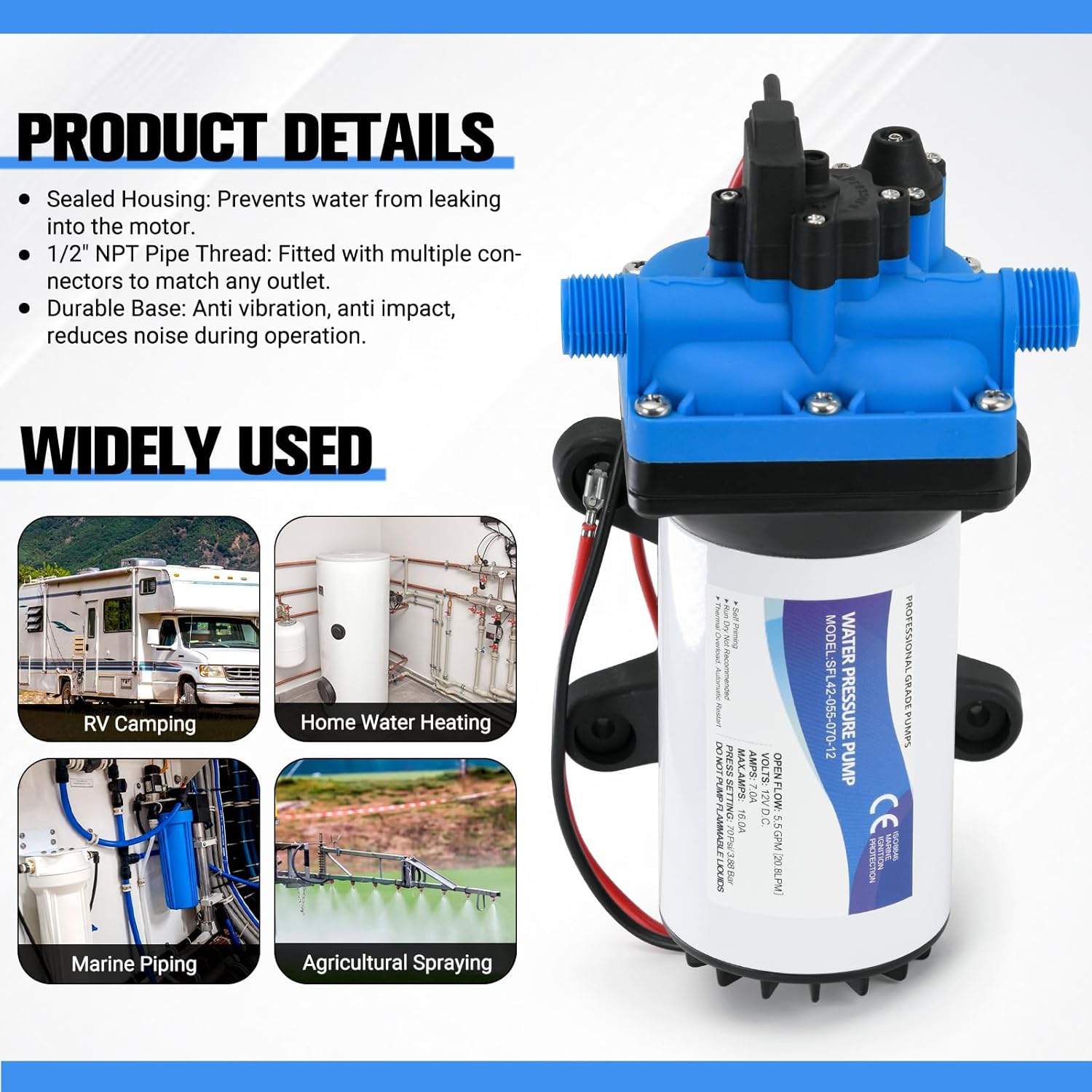 5059-1310-D011 5.3 GPM Automatic Demand 12VDC Diaphragm Pump with 60 PSI Built-In Pressure Switch Viton valves Self-Priming & 1/2" NPTF Port