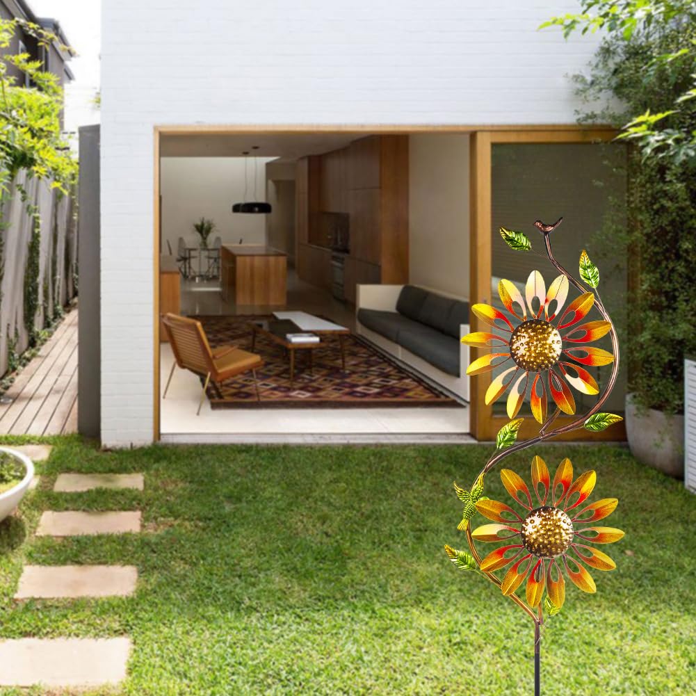 Molinillo de viento de girasol, 2 unidades, rotación, molinillo de viento para jardín, decoración de metal, girasol, jardín, metal, carillón de viento para jardín con estaca de metal, para interior y