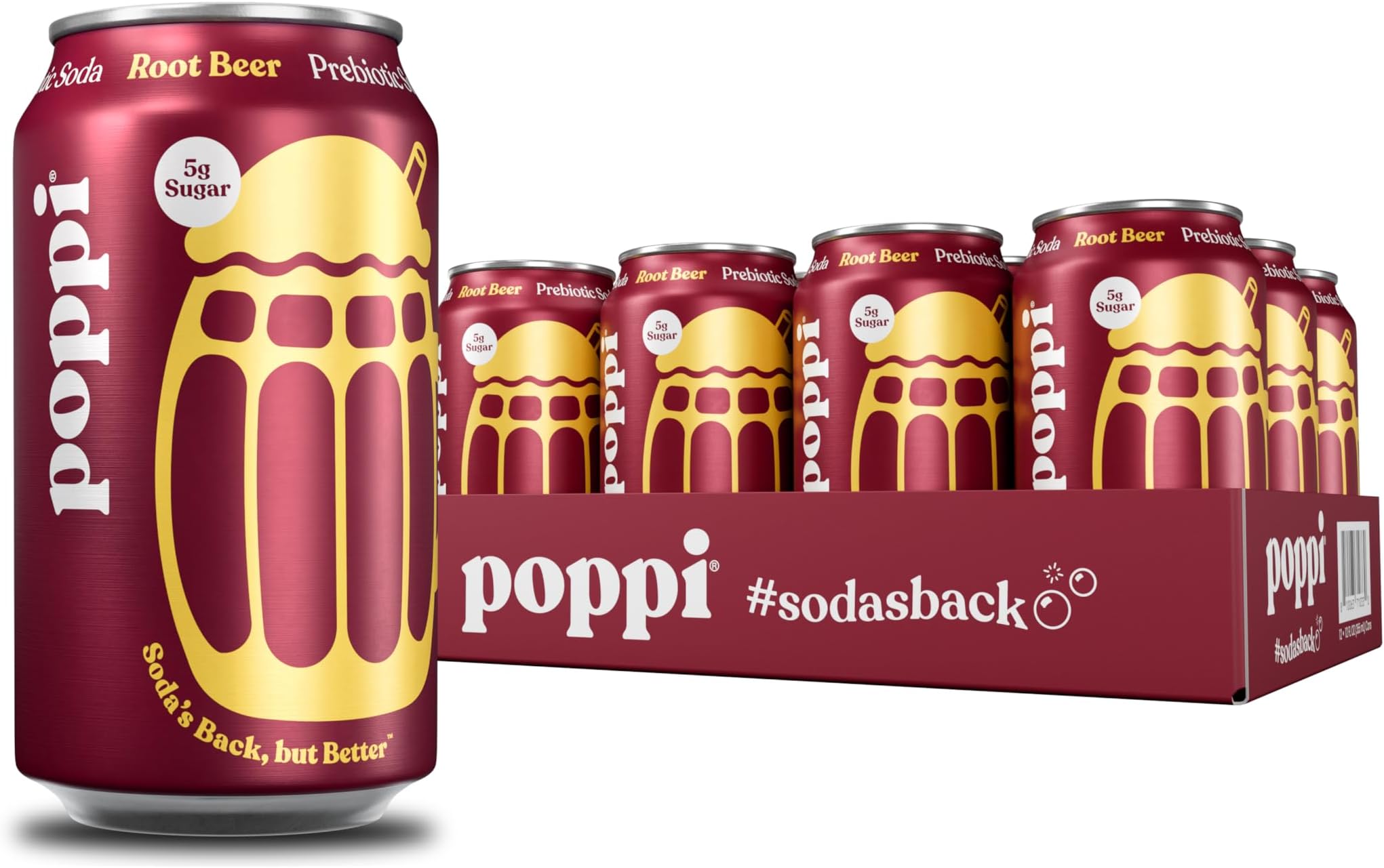 Poppi Sparkling Prebiotic Soda Beverage with Apple Cider Vinegar, Seltzer Water and Fruit Juice, Root Beer Flavor, 12 Fl Oz, Pack of 12, Packaging May Vary