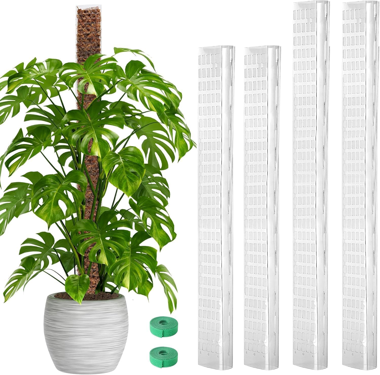 Bonviee 4-Pack 15-Inch Plastic Moss Poles for Monstera & Climbing Plants - Stackable to 60 Inches, Includes Sphagnum Moss & Garden Ties for Indoor Plant Support