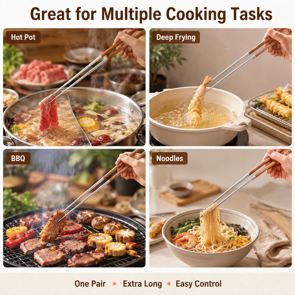 Kichvoe Long Cooking Chopsticks 15.75 " Stainless Steel with Wooden Handle — Amazon image 4