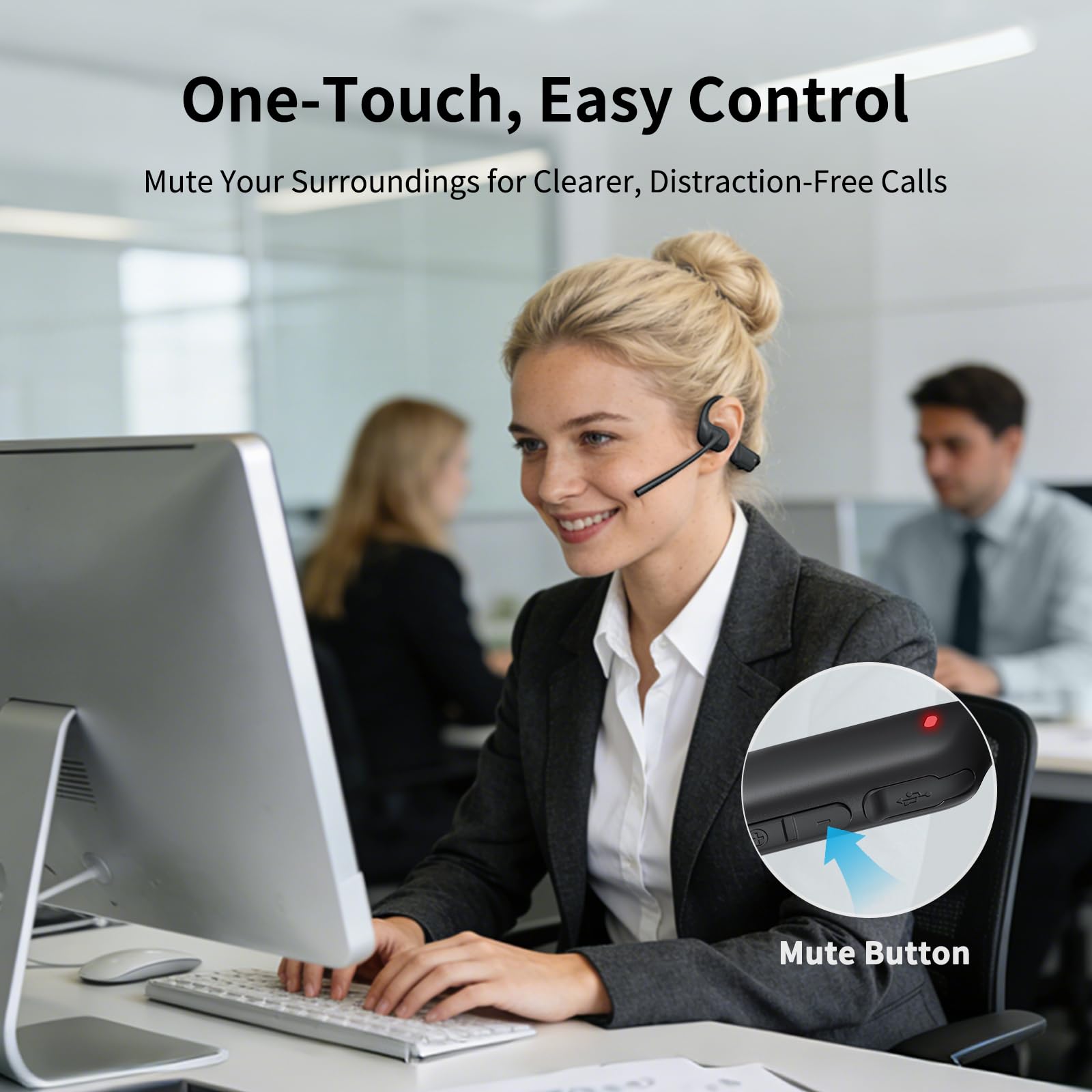 CXK Cuffie aperte con microfono, Bluetooth 5.4 con doppia cancellazione del rumore, per chiamate chiare, leggere da 23 g, con pulsante mute, 12 ore di riproduzione per chiamate, riunioni, guida