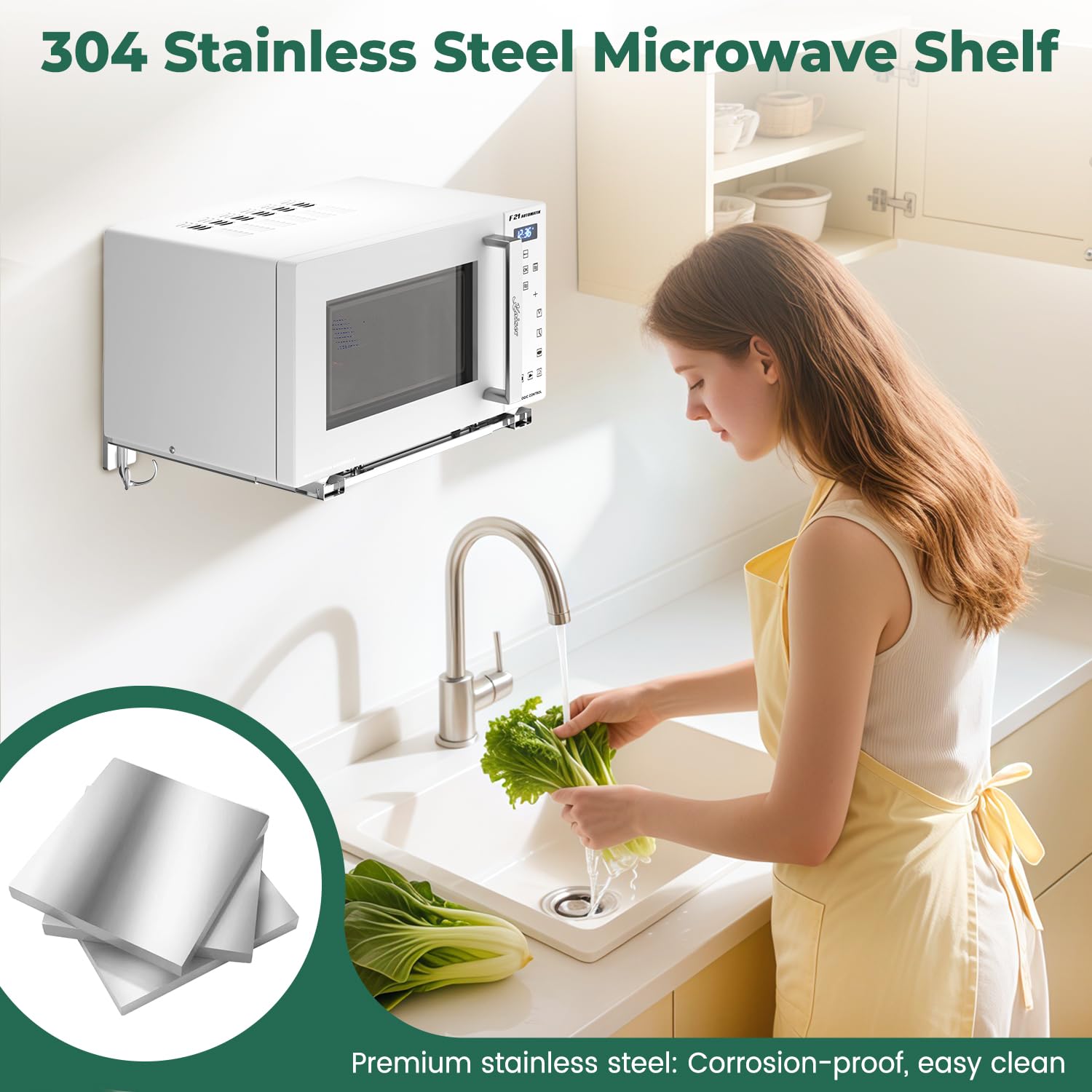 EsLuker.ly Soporte universal de pared para horno de microondas de acero inoxidable con ganchos extraíbles, brazo ajustable plegable para cocina, soporte para horno elástico, carga de 100 libras