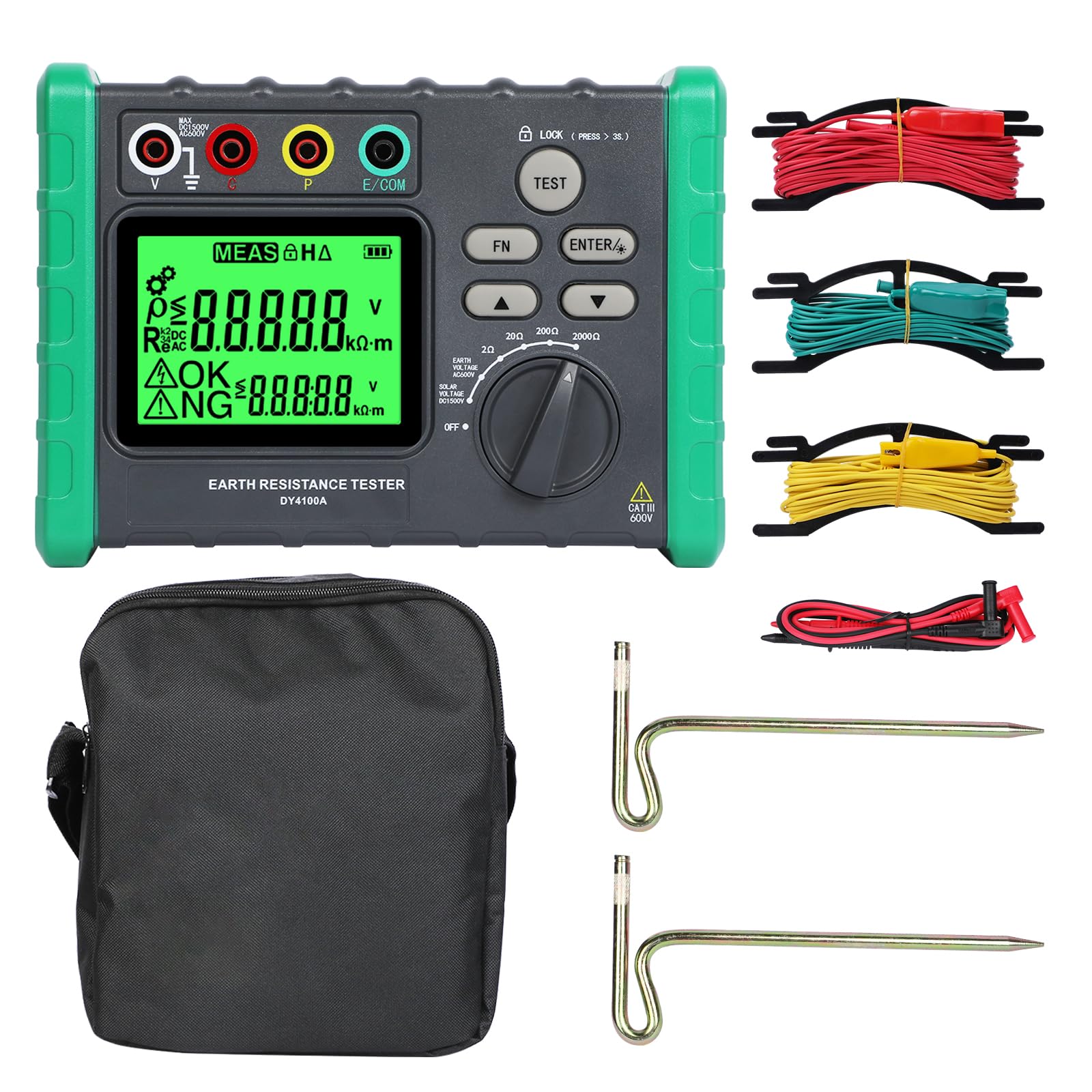 Medidores de resistencia a tierra, 0,03 – 2000 ohmios, comprobador de resistencia a tierra, CA 0-600 V, voltaje fotovoltaico 0-1500 V, medidor de tierra, megaohmímetro digital, comprobador de