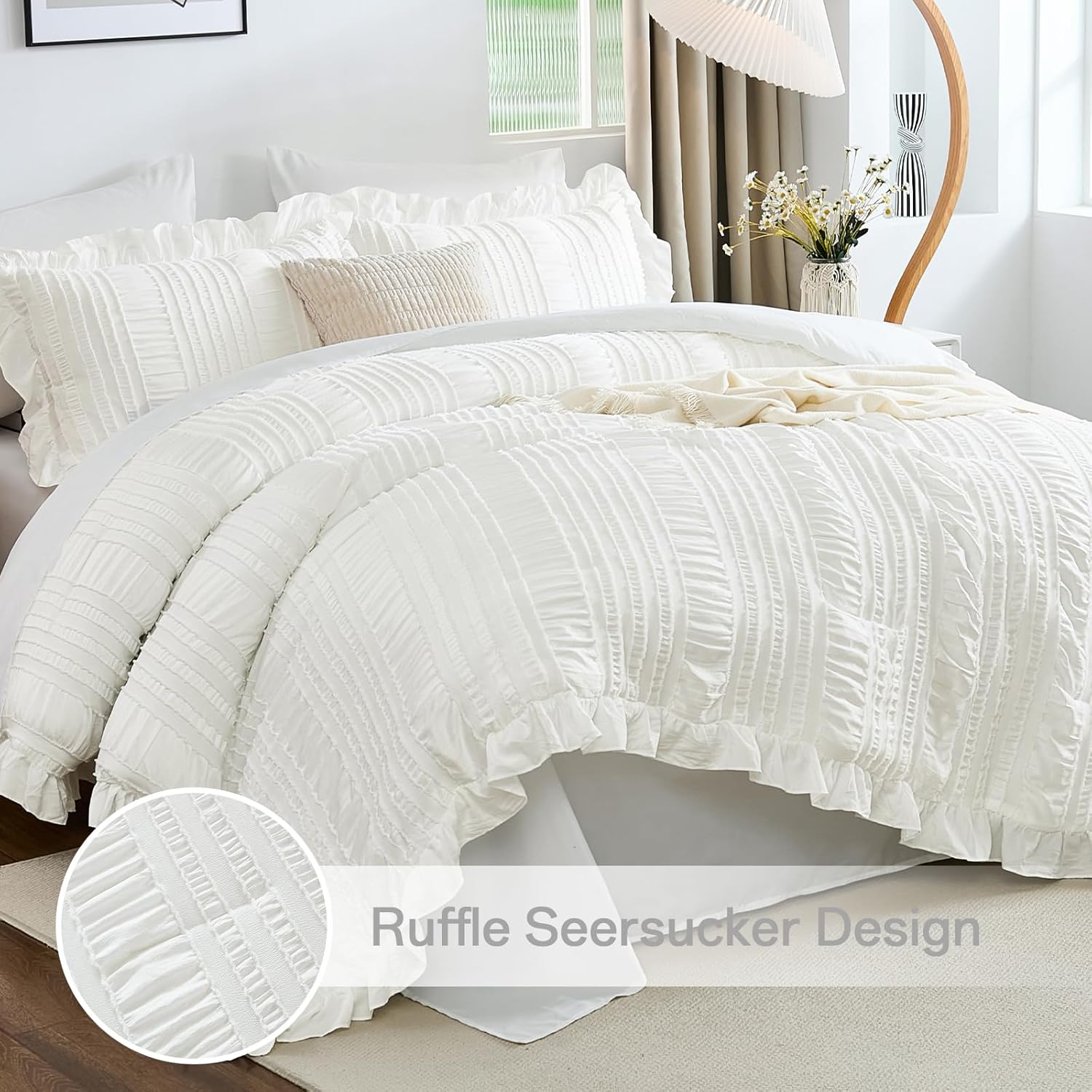 WONGS BEDDING White Comforter Set King,7 Pieces Ruffle Comforter Set with Sheets,Textured Bed in a Bag for King Bed 104"×90" - Image 2