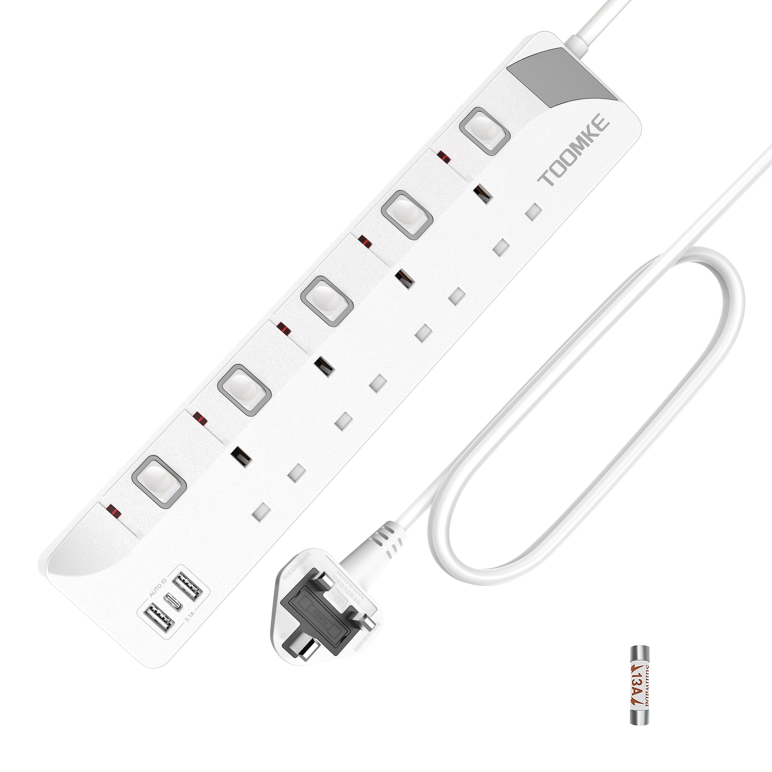 Extension Lead with USB Slots, Toomke 4 Way Plug Extension Socket with 2 USB-A and 1 USB-C, Mountable Power Strip with Individual Switches, UK Plug Socket 1.5m Extension Cord 13A 3250W — view 14