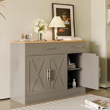 SUNLEI Kitchen Buffet Sideboard Cabinet, Wooden Storage with 3 Doors and 2 Drawers, Adjustable Shelf, Modern Farmhouse Coffee Bar Cabinet with Storage for Kitchen/Laundry/Living Room,Grey