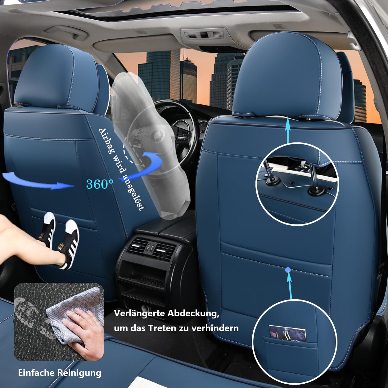 Copri sedili auto 5 posti - Universale per il 90% di berline/SUV/4x4 | Supporto lombare nascosto | Antiscivolo & Duraturo | Finta pelle di alta qualità (Blu-Bianco)