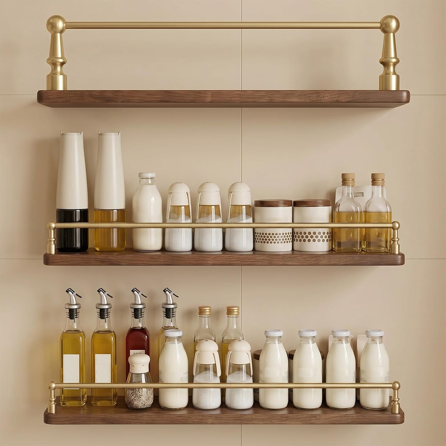3 Pack Bookshelf Brass Gallery Rails for Shelves, Anti-Tipping Gallery Rails for Shelves Furniture, Decorative Gallery Guardrail Bar Fence for Kitchen Cabinets Wine(Style-A,18in/45.7cm)