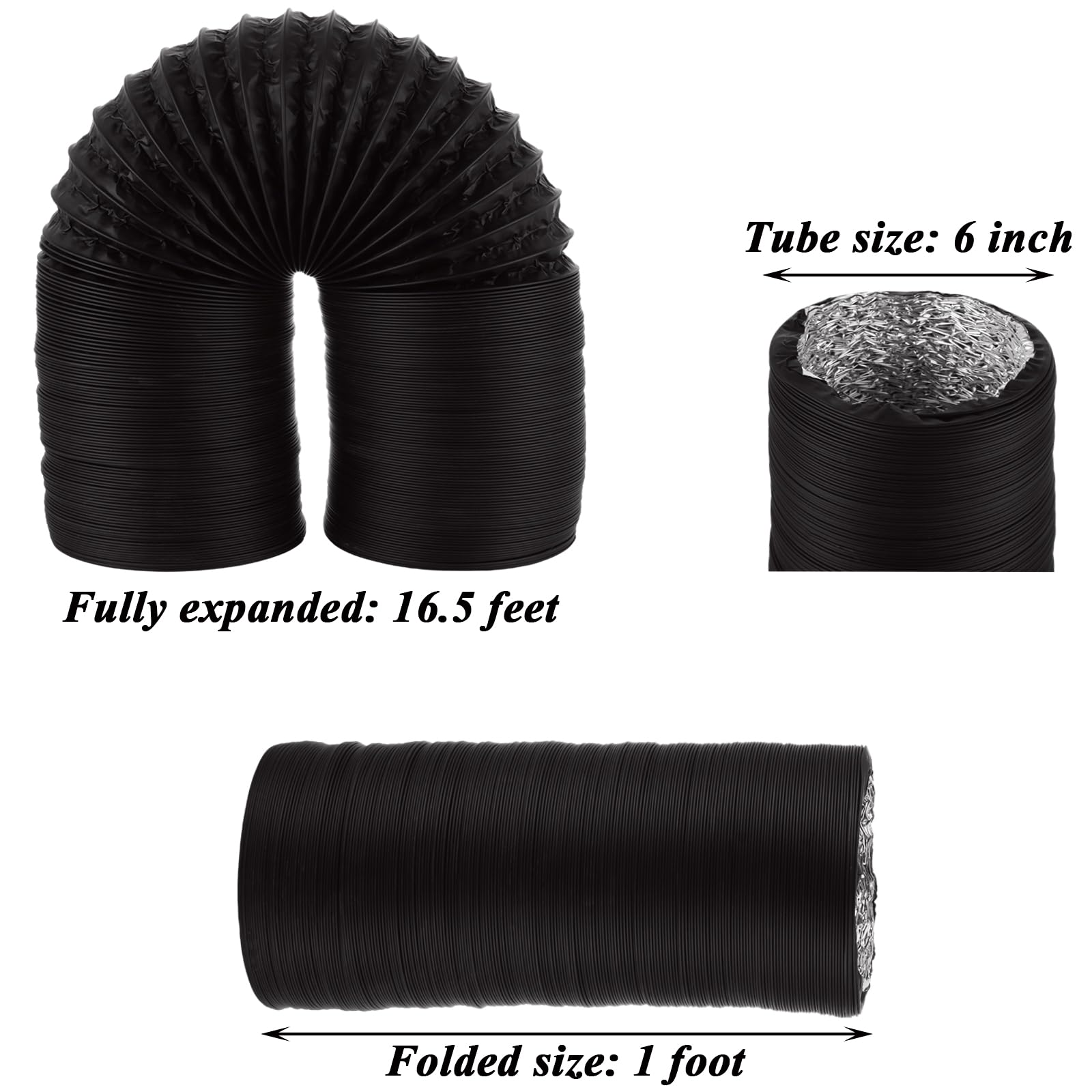 Tubo flessibile da 15,2 cm, 5 m, in alluminio nero, con 2 morsetti a vite per riscaldamento, ventilazione, aria condizionata (HVAC), soffiatore per barca, tende di scarico