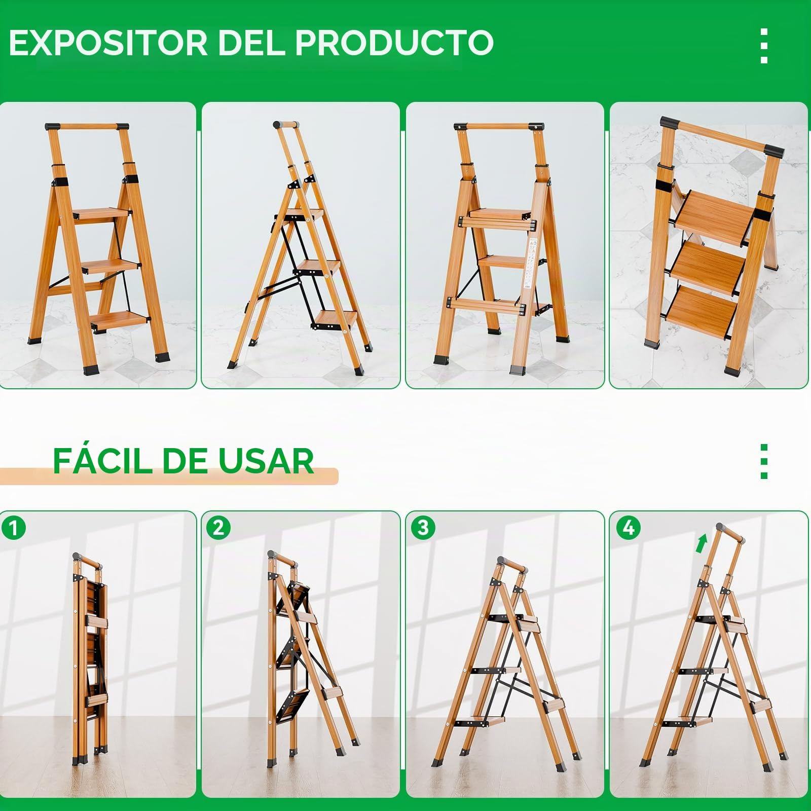 KULACO Escalera Plegable de 3 peldaños con barandilla, Aluminio Antideslizante Extra Ancho, Acabado Madera, Carga máx. 150 kg para Cocina, hogar y Garaje