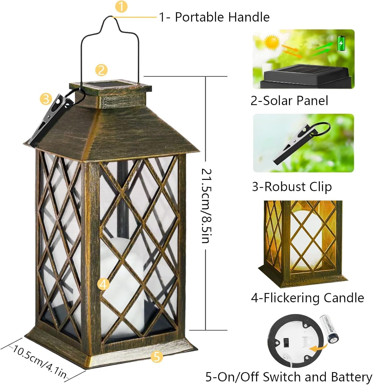 Joycome 2 x zewnętrzna latarnia solarna ze świecą do zawieszania | IP44 Wodoodporna zewnętrzna lampa solarna do ogrodu, na taras, stół balkonowy, cmentarz, brąz