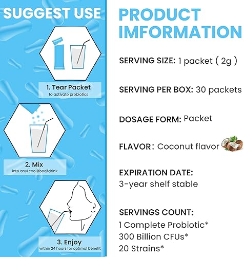 Miniatura 6 de 300 mil millones de probióticos CFUS 20 cepas - Probióticos para mujeres y hombres, suplemento probiótico diario con prebiótico, para apoyar el