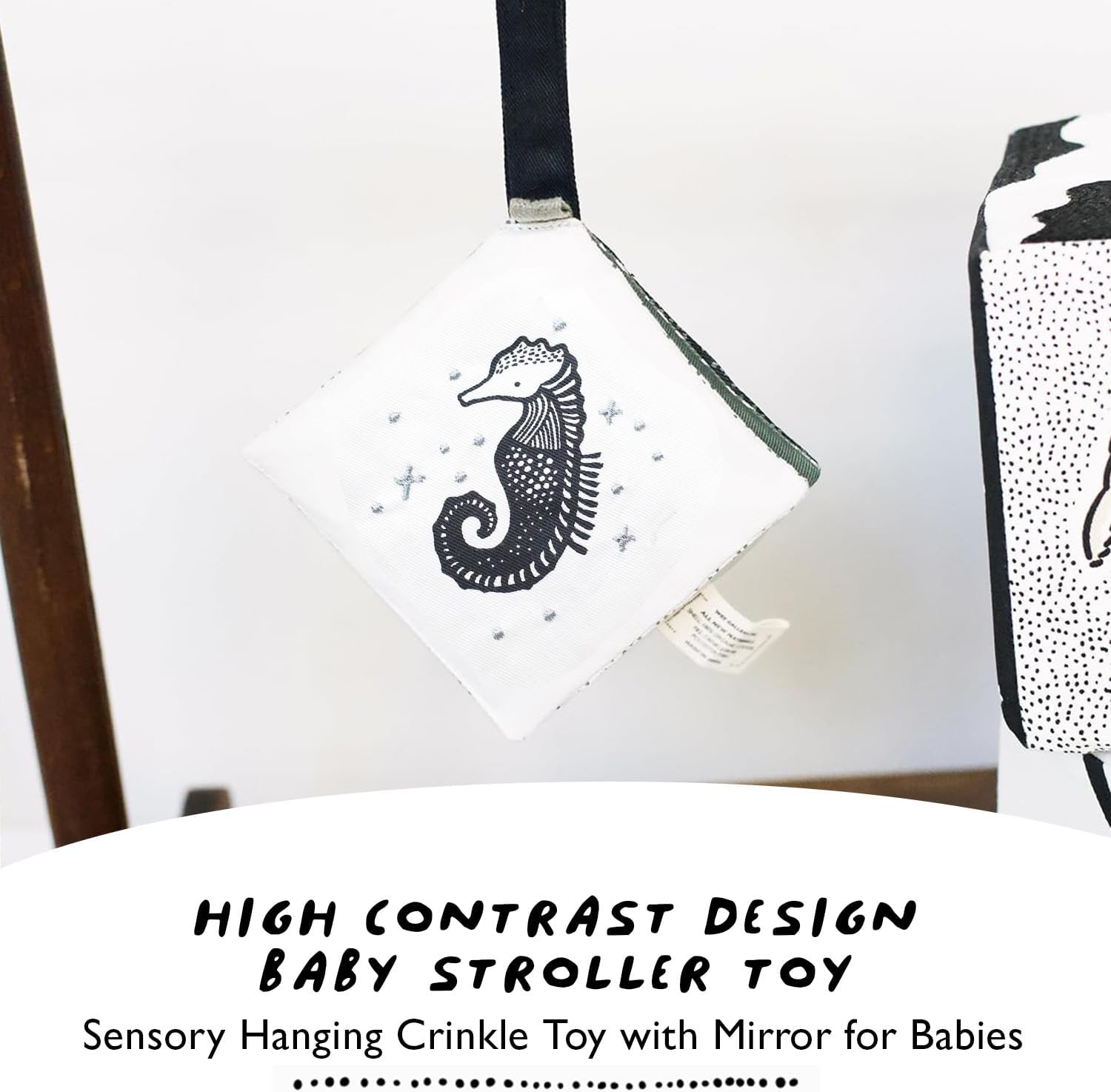 Wee Gallery Ocean Animals Crinkle Pages Stroller Toy, Sensory Hanging Crinkle Toy with Mirror for Babies, High Contrast Animal Art and Montessori Baby Item for Walks, Car Seat, Play Gym and Tummy Time