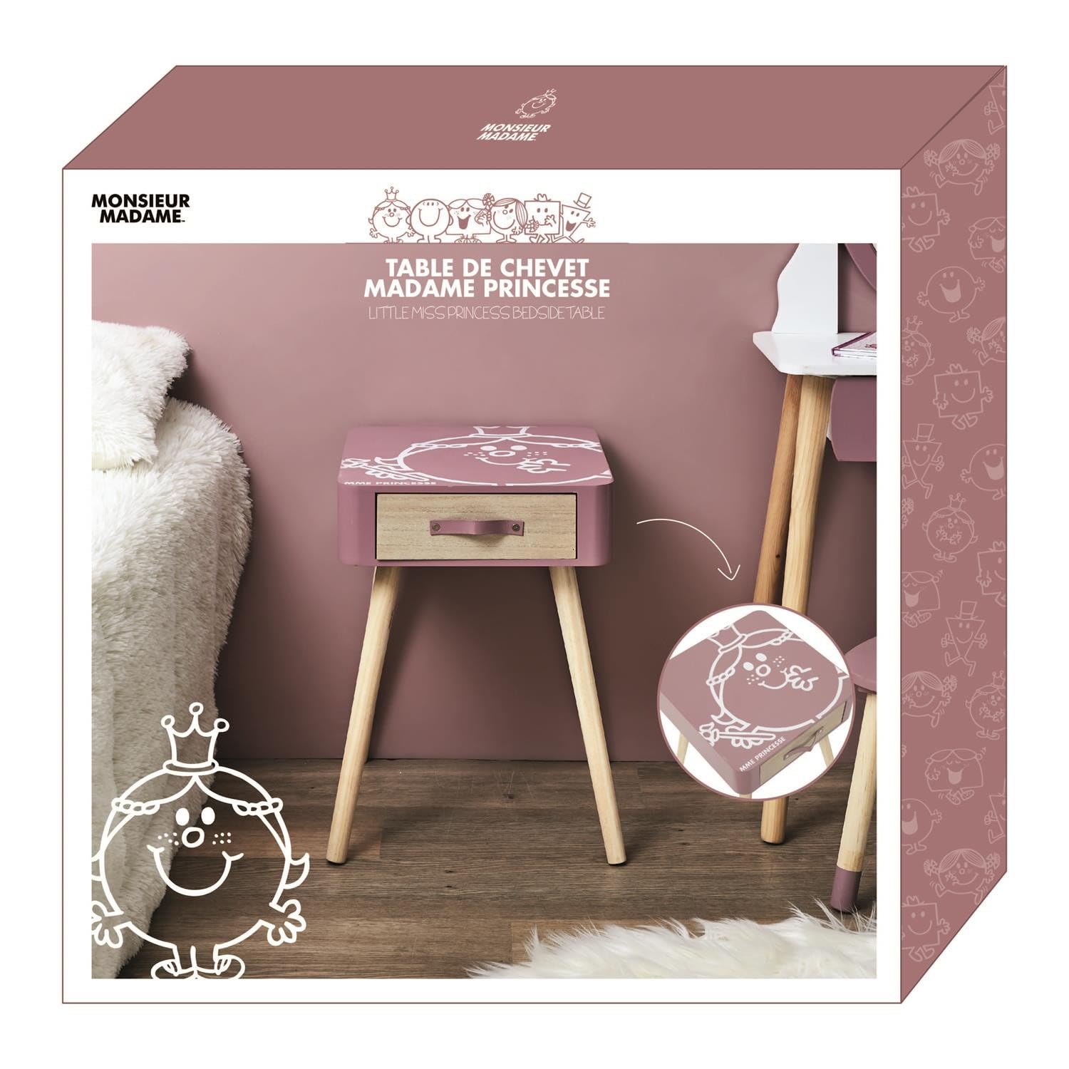 Table De Chevet Monsieur Madame - Madame Princesse - Rose - L 35 X H 48 X P 35 Cm