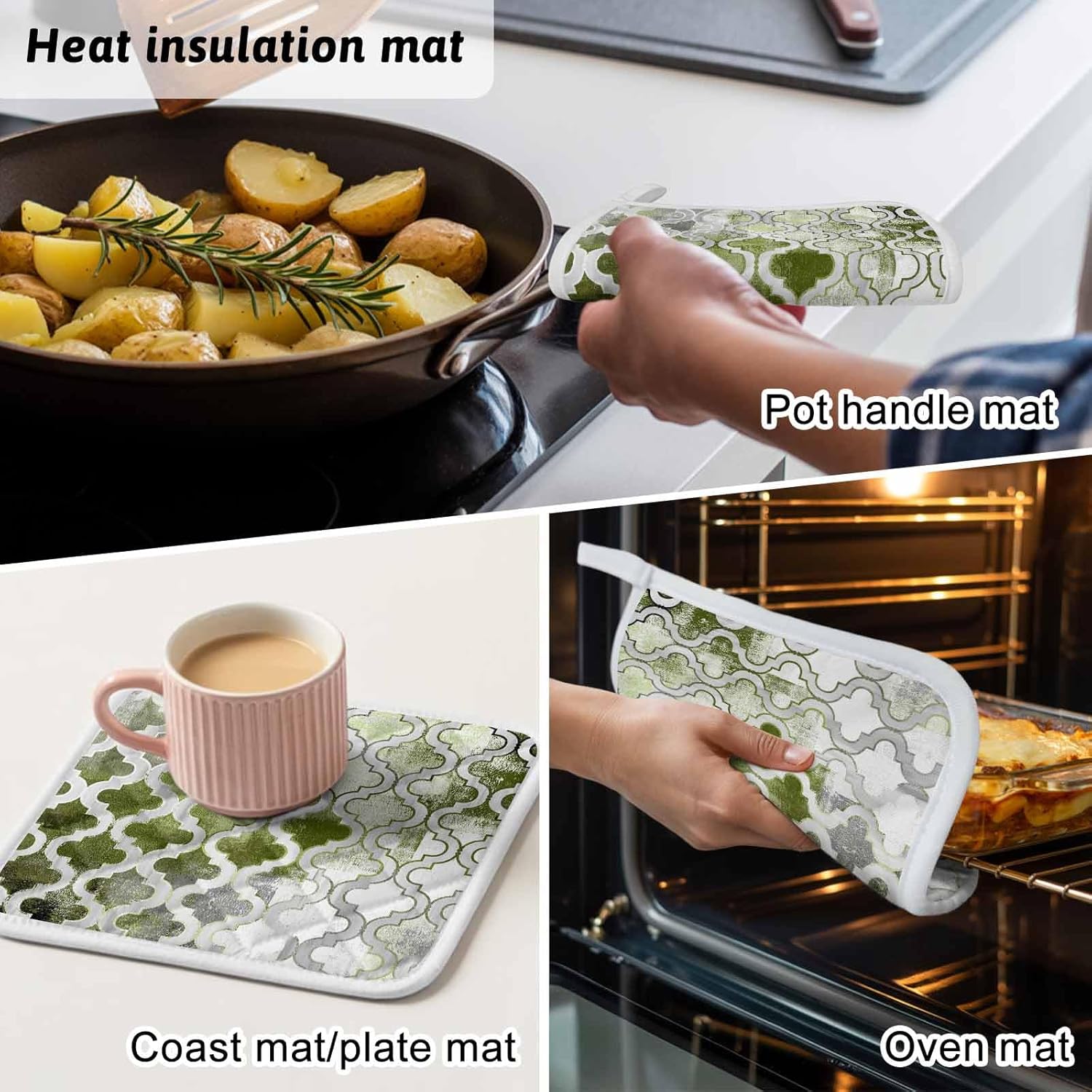 5 Pack Pot Holders for Kitchen, Sage Green Morocco Hot Pads for Kitchen Countertops Oven Pot Holder Bulk, Vintage Grey Shabby Chic Plaid Heat Insulation Potholders with Hanging Loops