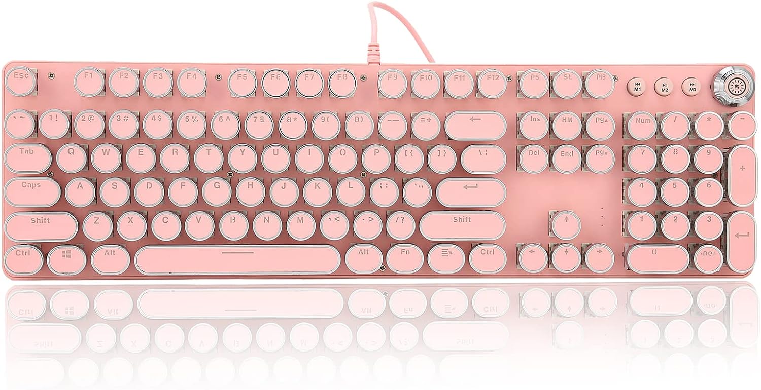 Pink Gaming Keyboard, Round Keycaps Mechanical Keyboard
