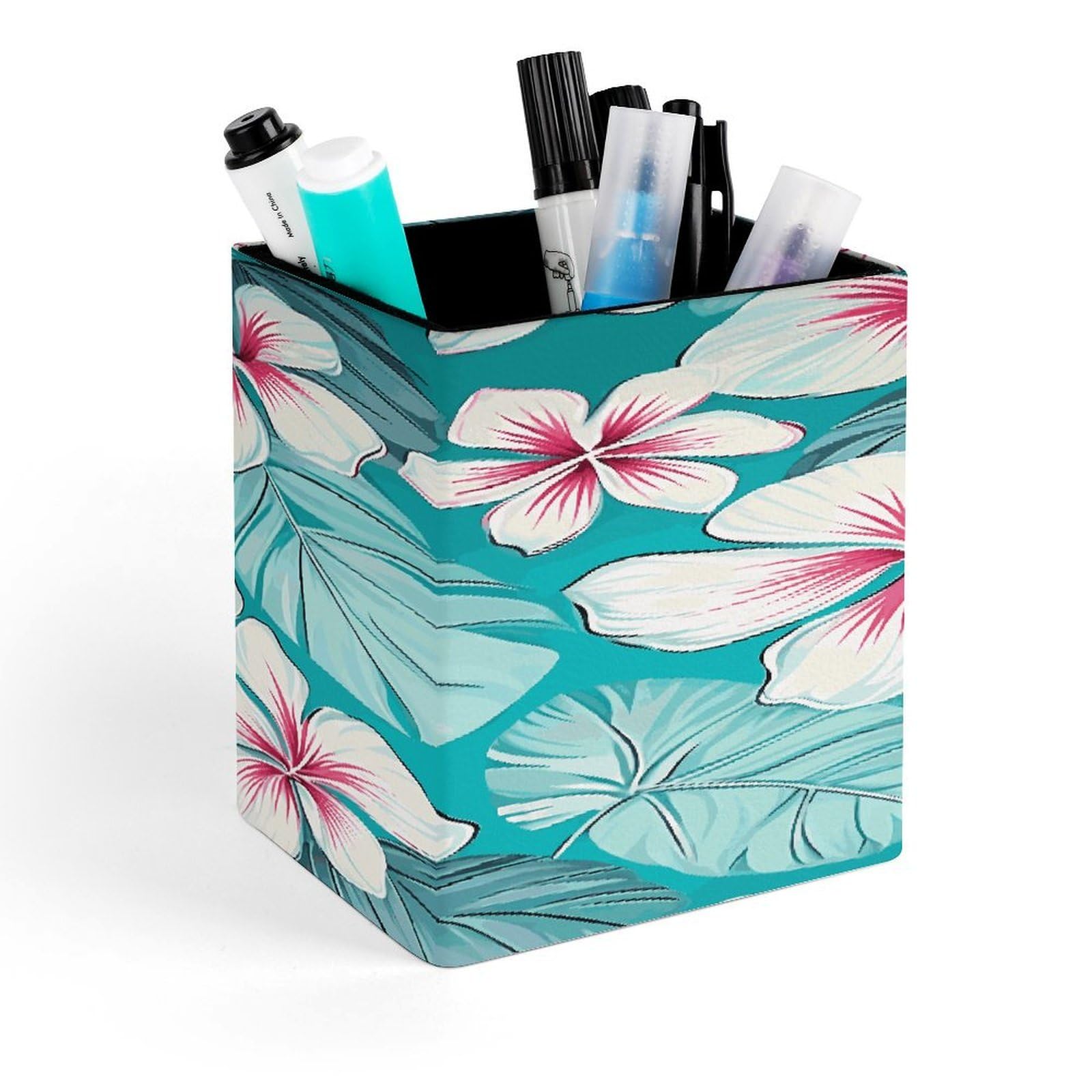 FekiLoot Tropical Hibiscus Flowers Pen Holder Personalized Desktop Pencil Holders Case Office Accessories Container Box for Square Pen Cup Desktop Organizer Makeup Brush Holder Caddy Storage