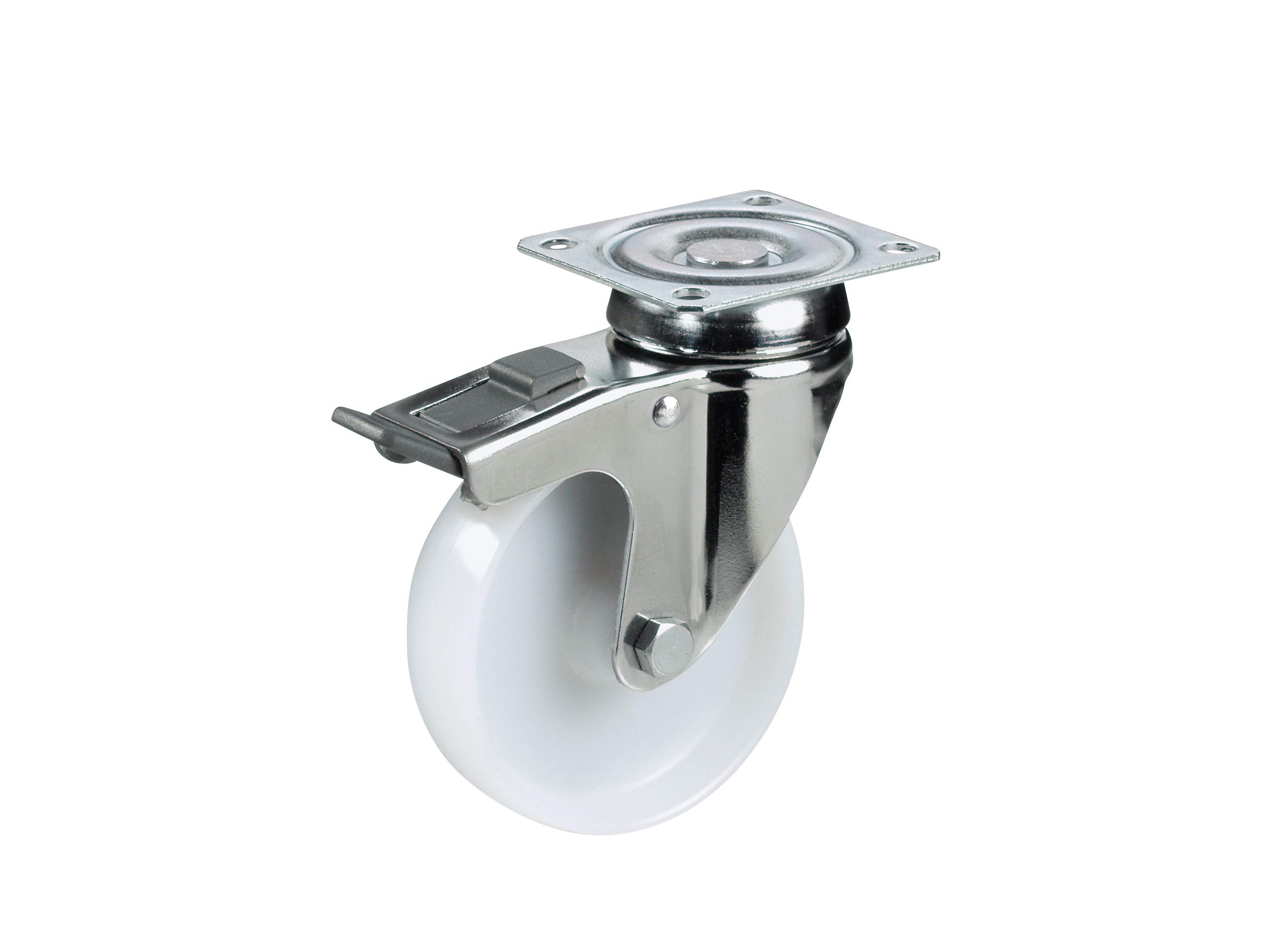 Edelstahl-Lenkrolle ø125mm – Polyamidrad, Gleitlager, Plattenbefestigung, Tragkraft 80 Kg, VA (Inox)