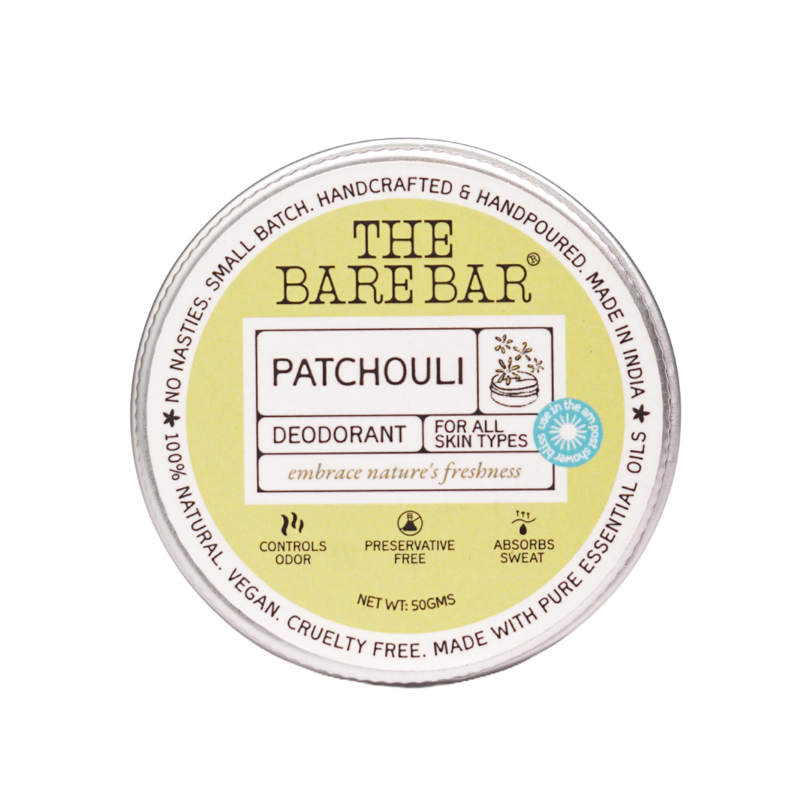 The Bare Bar Patchouli Deodorant - 50 gm | Earthy Fragrance| Odor & Sweat Control |Gentle, Natural formula and Chemical free|Good for all skin types|Travel Mini Size Solid Deodorant for Men & Women