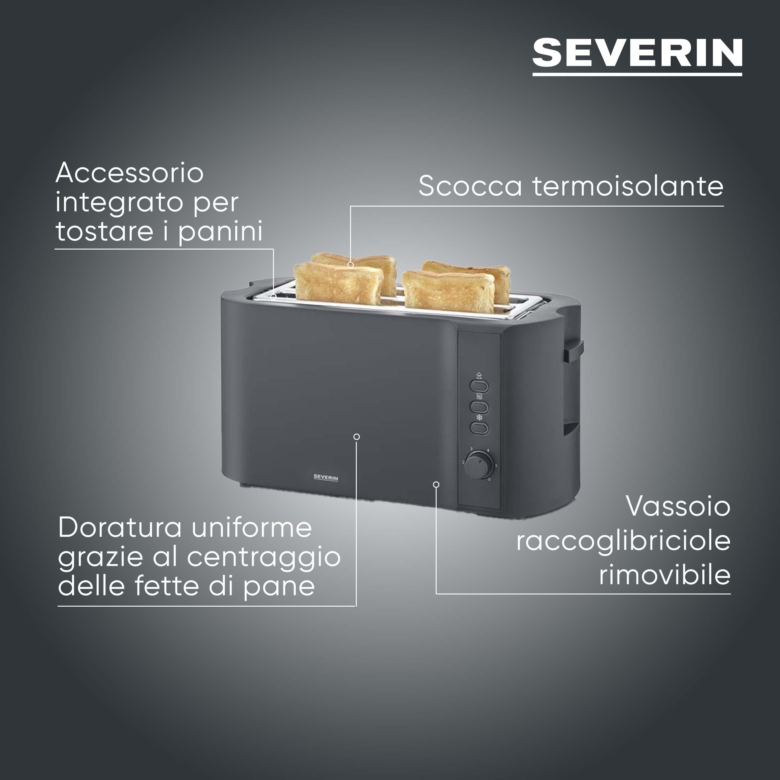 Severin Tostapane a Fessura Lunga per 4 Fette, Scaldapanini Integrato, 1400W, Centratura Automatica delle Fette, Funzione Scongelamento e Riscaldamento, Nero Opaco, AT 2591