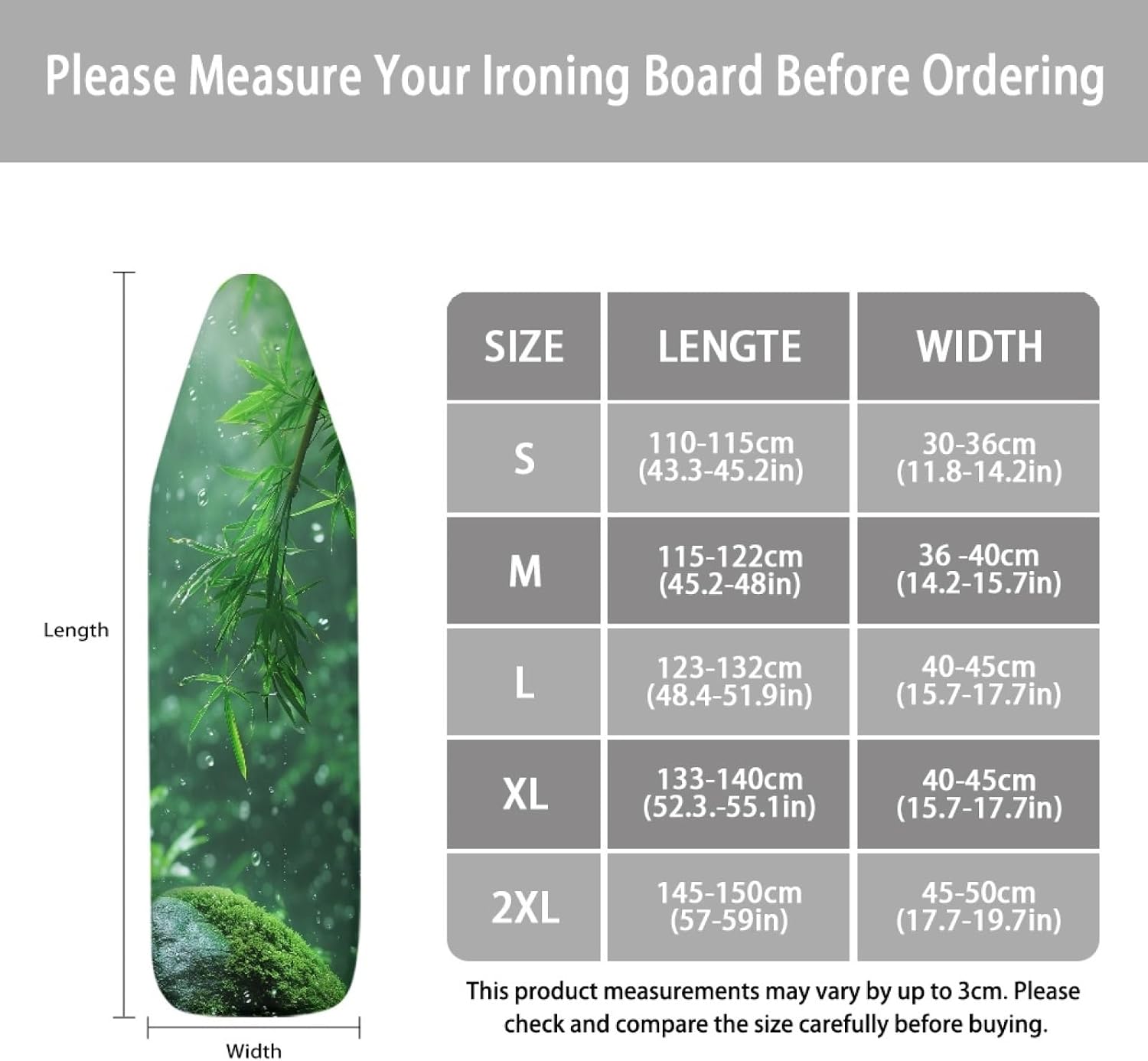 Ironing Board Cover 14x48 Rainy Bamboo Moss Iron Board Cover with Padding Heat Reflective,Scorch Resistant Thick Padding,Snug Fit Non-Slip Nose Pocket Fastener Straps Elastic Edges