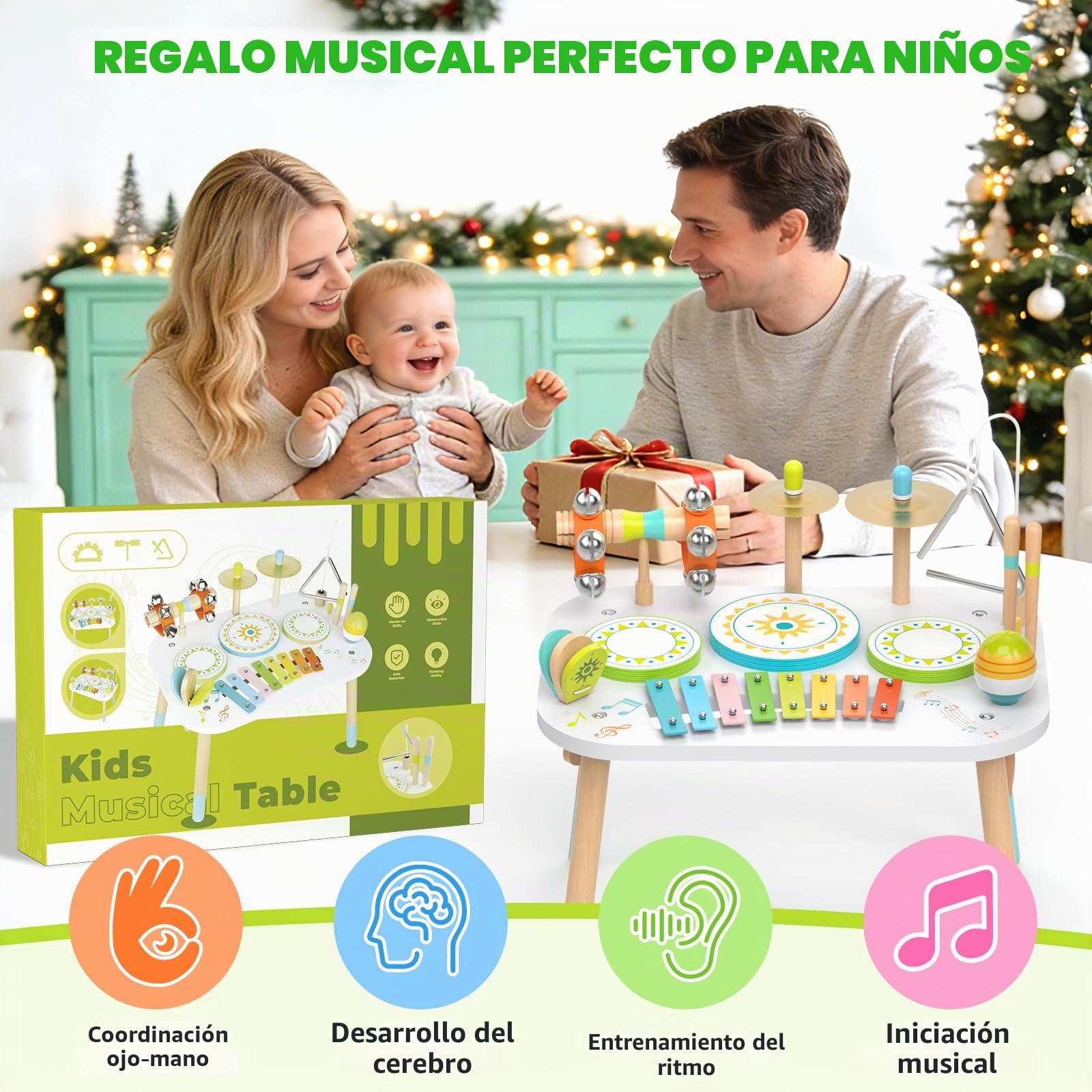 Batería 12‑en‑1 para Niños 1‑3 Años, Mesa Instrumentos Musicales Bebé, Juguetes Madera Montessori con Xilófono, Bongos, Platillo, Maracas & Cascabeles de Muñeca, Regalo Cumpleaños Niño Niña 1 2 3 Años