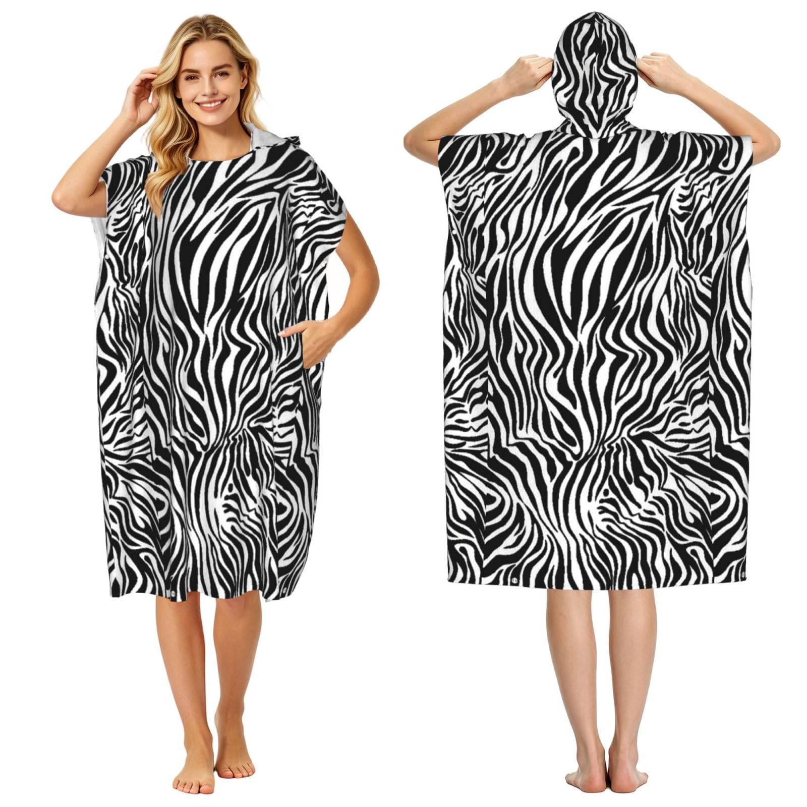 Poadnly Zebra Print, Adult Hooded Beach Towel 90 x 110 cm,Changing Bath Robe, Surf Poncho Towel For Women Men