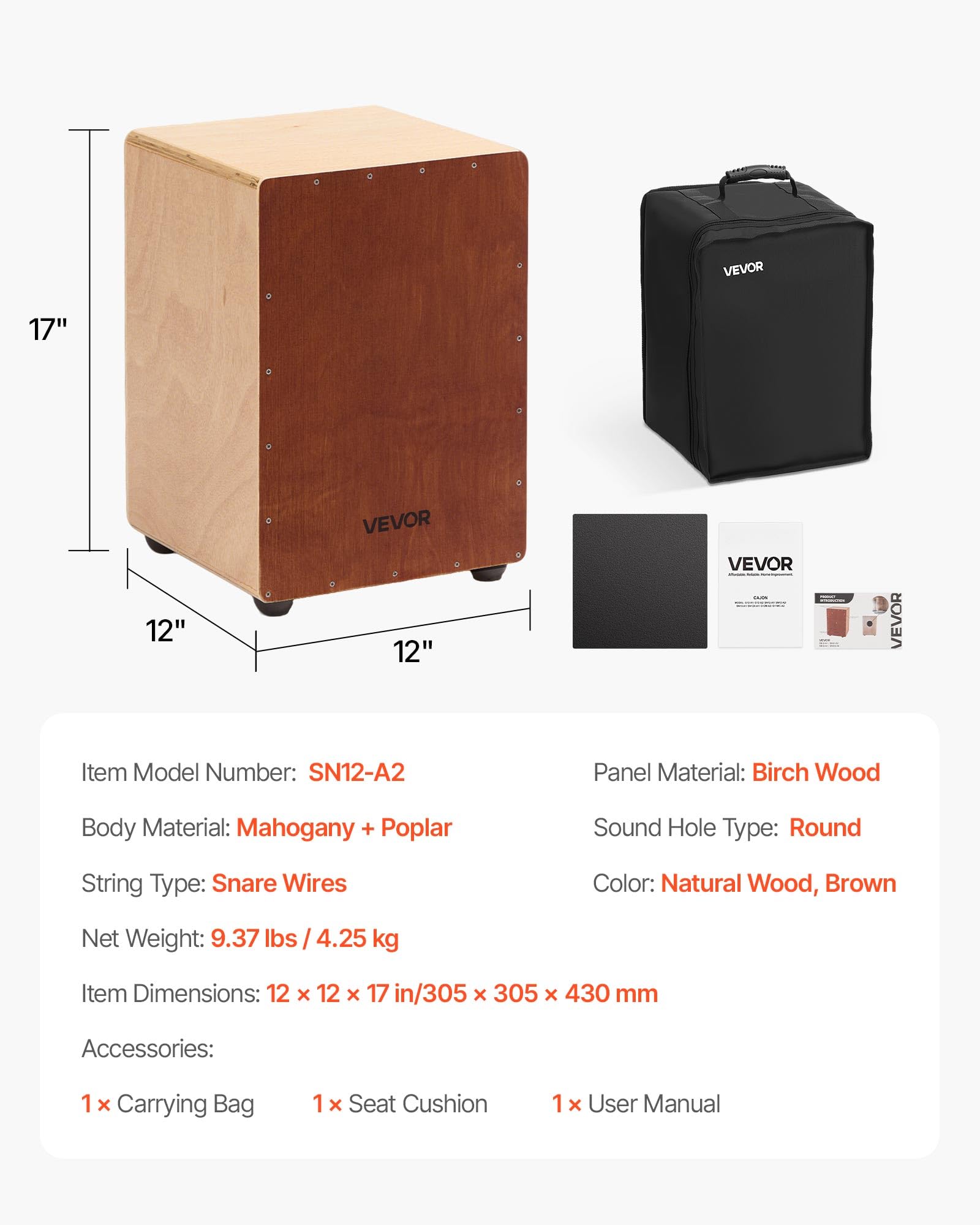 VEVOR Cajon Box Drum, Con Cordiere Rullanti Interni, Scatola di Percussioni in Legno Leggera, Strumento Musicale Portatile in Legno di Betulla con Borsa da Viaggio, 305 x 305 x 430 mm