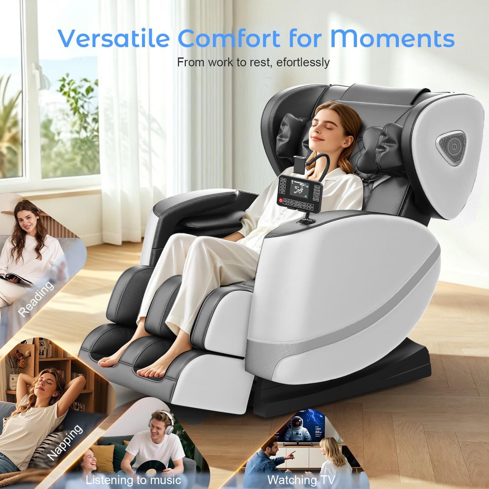 Ganzkörper Massagesessel mit Rollen & Airbags für Massage, Zero Gravity mit Bluetooth Lautsprecher und Touchscreen, Heizfunktion für Taille & Beine, mit Fußmassage für Hause/Büro (Hellgrau)