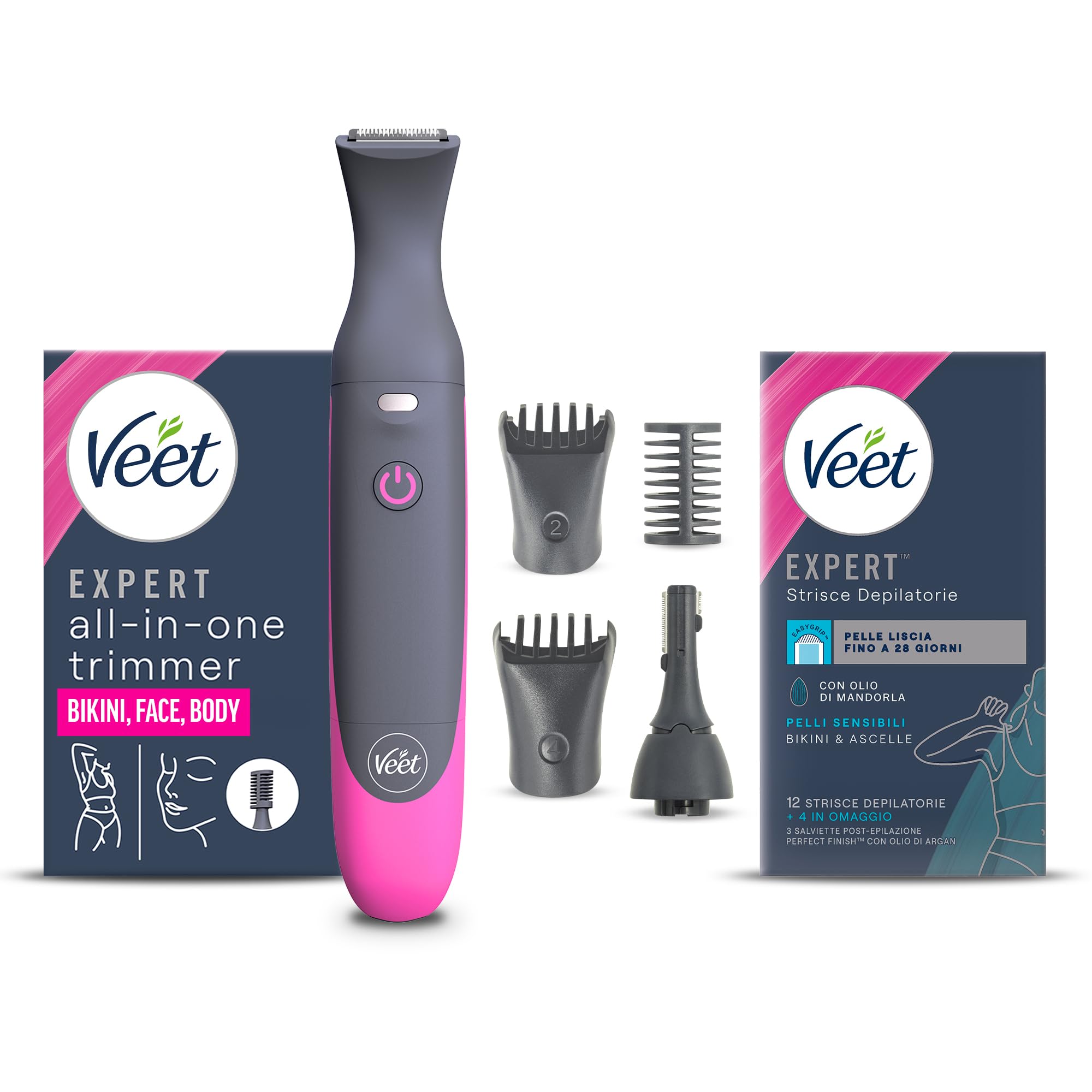 Veet Expert All-In-One Trimmer, Rasoio elettrico donna, Viso e parti intime, 100% waterproof, 2 testine e 3 pettini, Rasatura ad alta precisione, Cordless+ Strisce depilatorie Bikini
