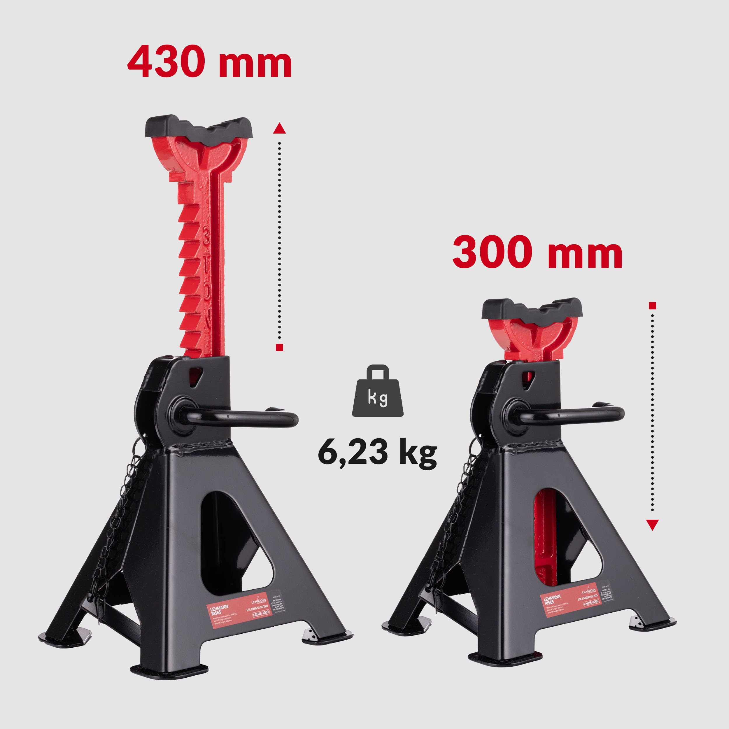 Lehmann Cavalletti Auto 3T x2, Set da 2 Pezzi, Altezza Regolabile 300-430 mm, Supporti Regolabili con Cuscinetto in Gomma, Cavalletti per Auto, SUV e Piccoli Trasportatori Fino a 3000 kg, Portatile
