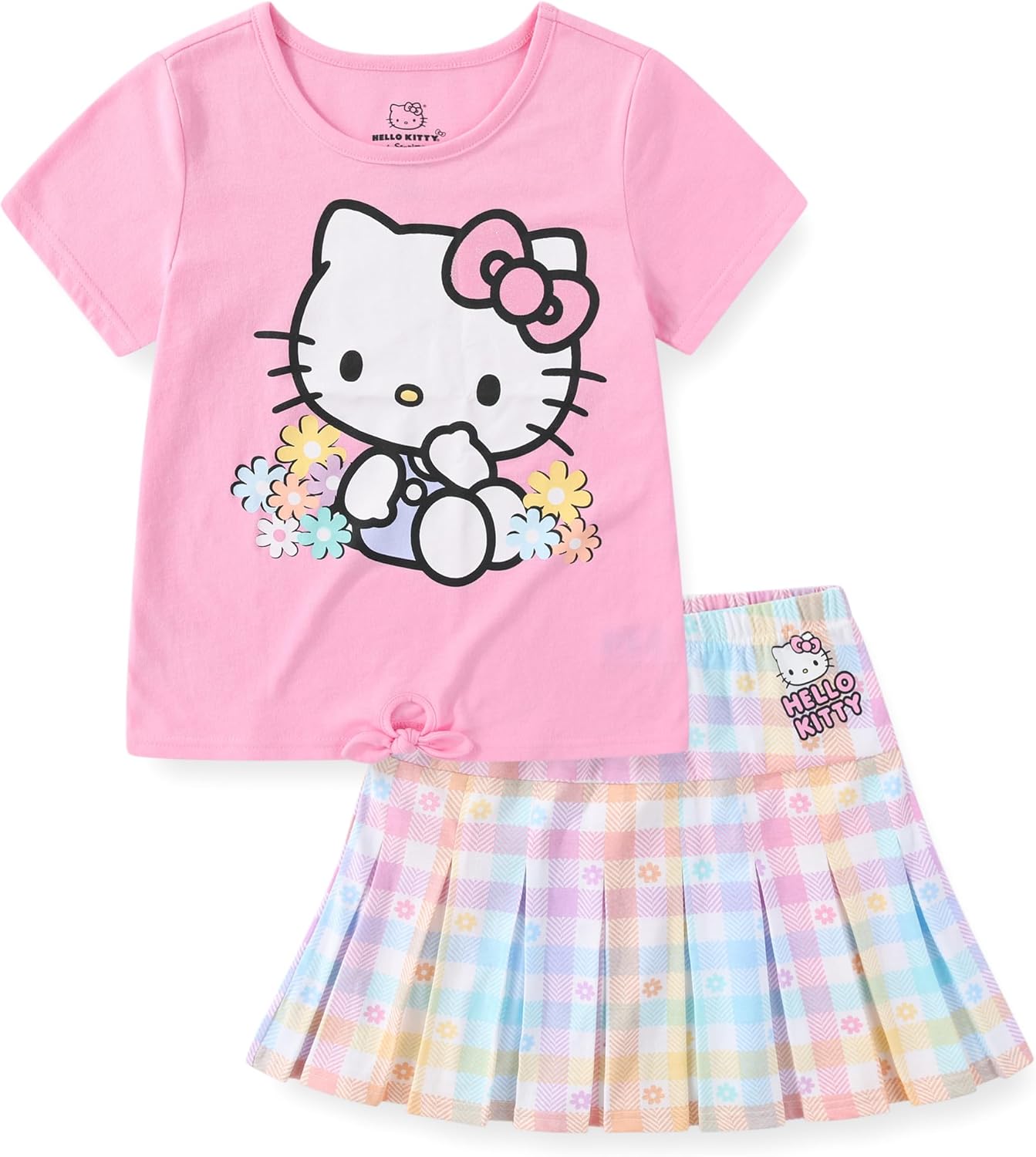 Hello Kitty Sanrio Girls Short Sleeve T-Shirt and Pleated Skirt for Big Kids