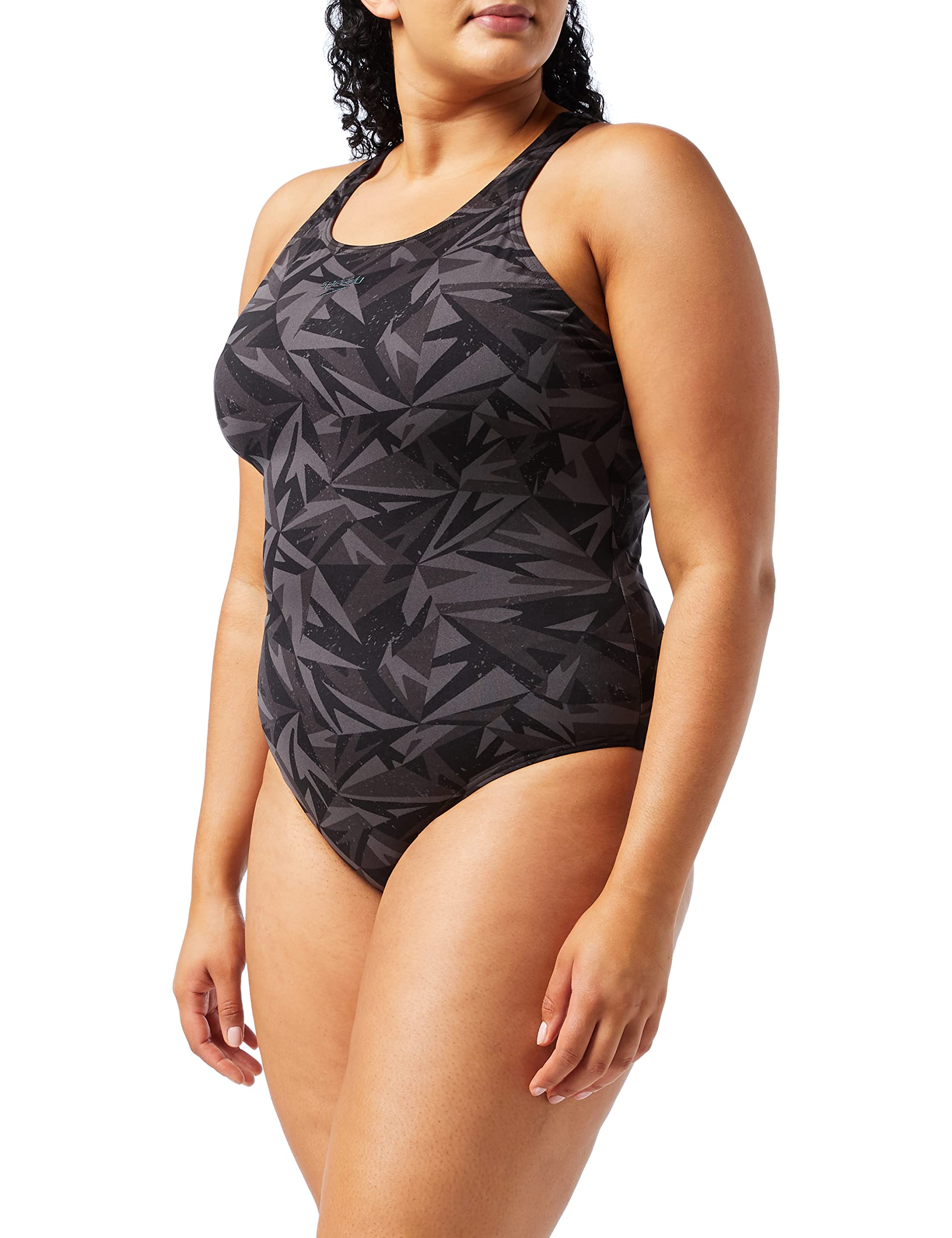 Speedo Women's Hyperboom Allover Medalist Swimsuit,Quick Drying, Fitness, Chlorine Resistant, Black/Oxid Grey/USA Charcoal, 30