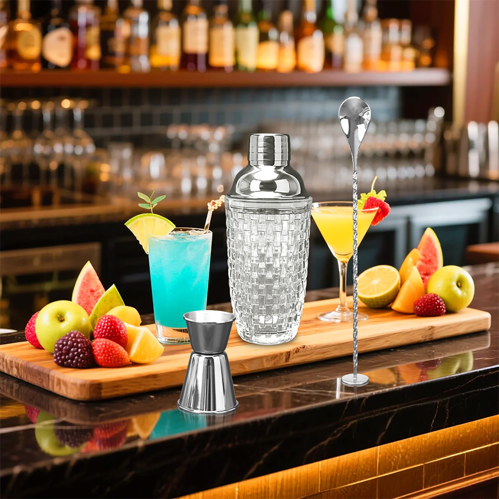 Coctelera de cristal, juego de coctelera de 400 ml, mezclador de cristal con vaso medidor de acero inoxidable y pala, coctelera para el hogar, bar, vino, zumos de frutas mixtas, bebidas, plata