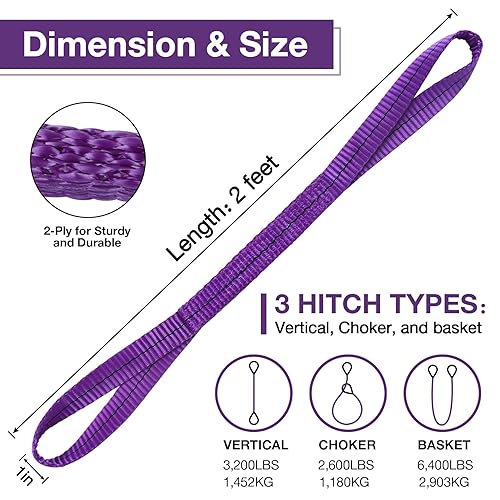 Miniatura 2 de Correas de elevación de 1 pulgada x 2 pies 2 capas resistentes de elevación de ojos planos, correa de elevación de poliéster, correa de recuperación