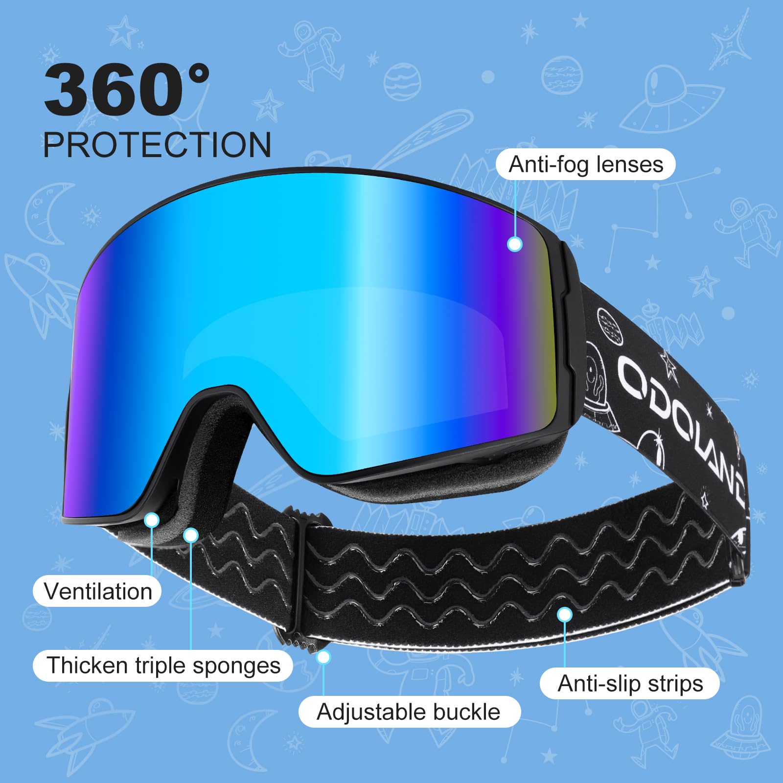 Odoland Occhiali da Sci per Bambini, Occhiali da Snowboard Cilindrici, Anti-appannamento, Anti-UV, Antivento a Vista Larga per Ragazzi e Ragazze, compatibili con Casco