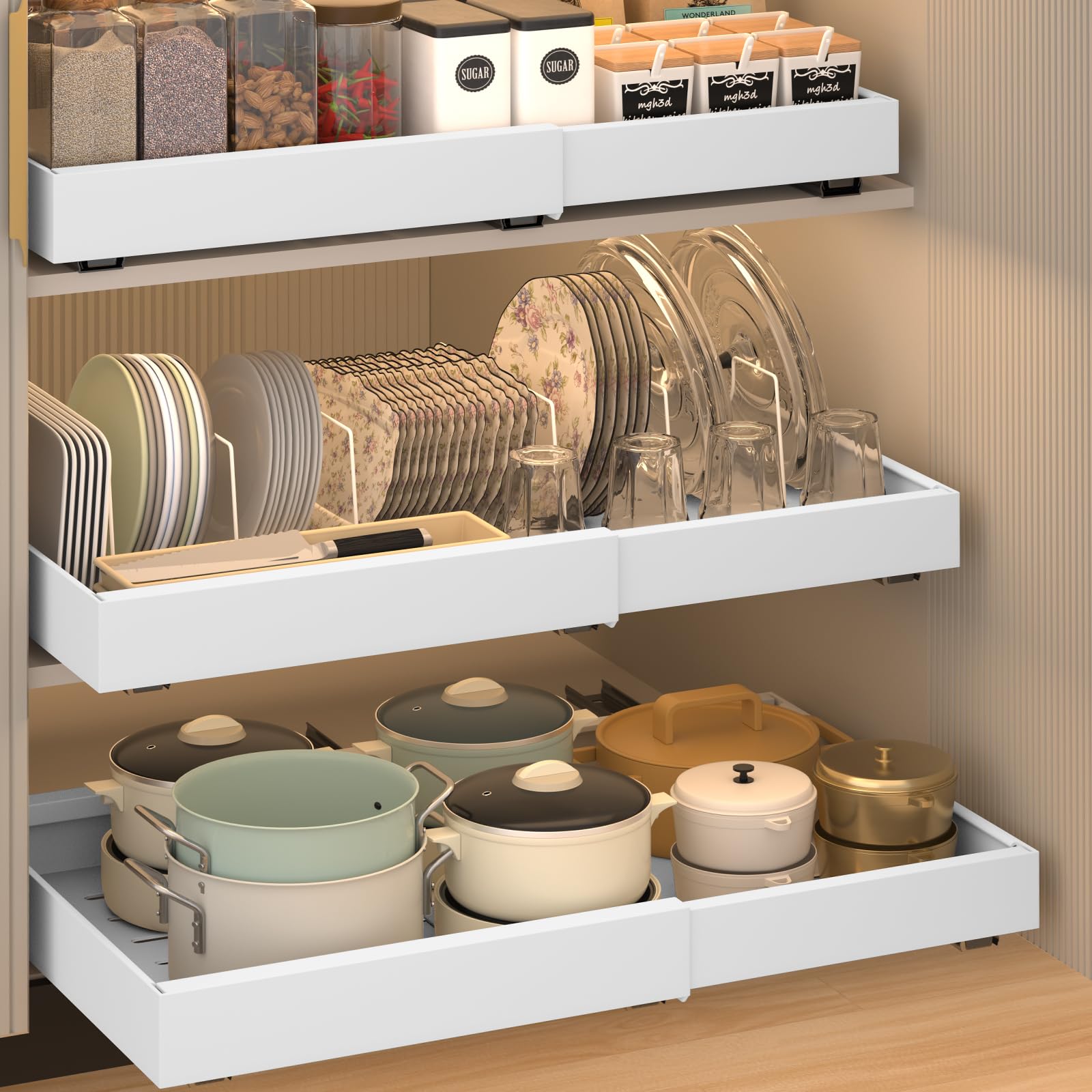 XL Pull Out Cabinet Organizer (17.1"-26.8"), Expandable Sliding Drawers for Cabinets, with 6 Adjustable Partitions, Heavy Duty Slide Out Drawers for Kitchen Cabinets, Living Room, Pantry