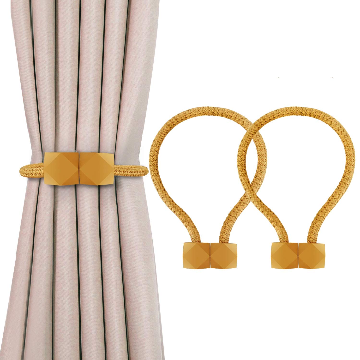 2 Pack Magnetic Curtain Tiebacks, Octagon Style Curtain Holdbacks Designed Tie Backs for Curtain Drape Holder Waterproof Shower Braided Rope Holdback Ricewine Colored, (16 inch)