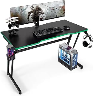 CASART Z-Shaped Computer Desk, 120cm Gaming Table Laptop Desk with Headphone Hook, Cup Holder & Gaming Handle Rack, Home Office Writing Desk (Green + Black)