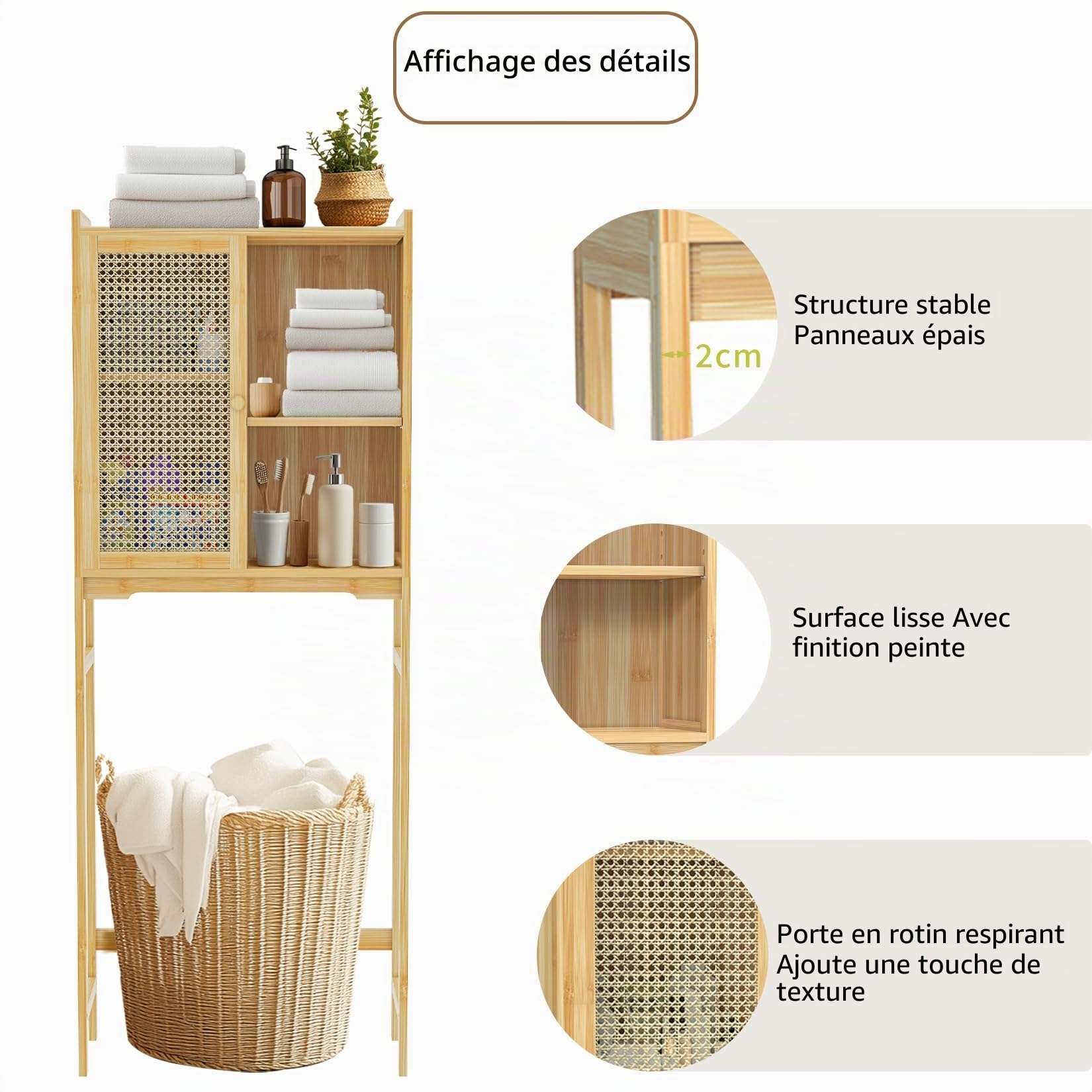unho Meuble de Rangement au-Dessus des Toilettes: Organisateur en Bambou à Portes Rotin Placard Toilette WC avec Étagère Réglable Intérieure - 60x26x156cm
