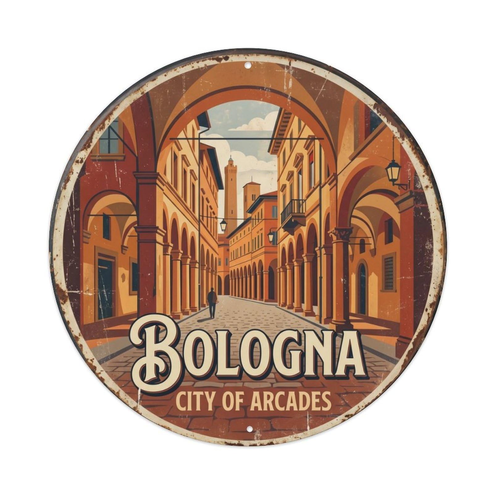 Vintage Travel Portico Bologna Italy Metal Tin Sign Plaque Wall Decor for Cafe, Club Bar, Office, Home Garden Round Metal Poster 8x8Inch