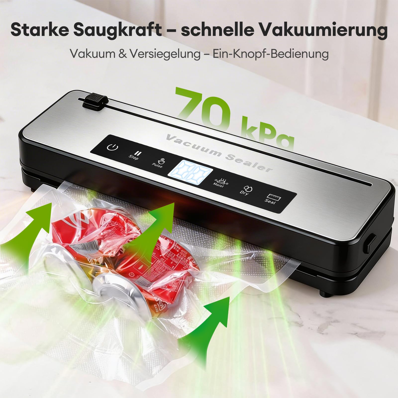 Vakuumiergerät 4-in-1 für Lebensmittel mit Pulsfunktion, Trocken & Feucht Modus