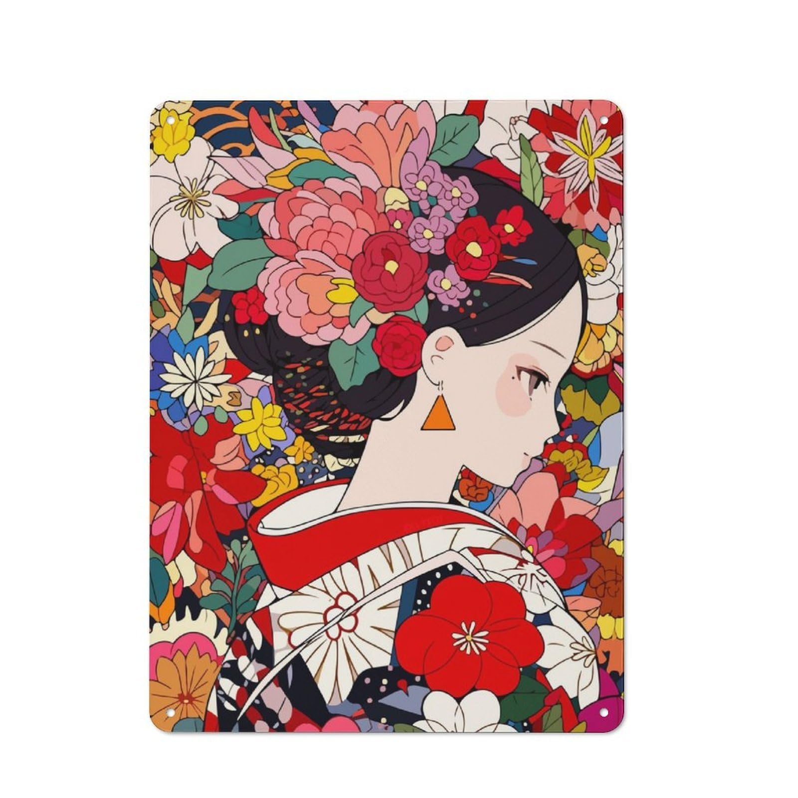 Junmoney Girls Anime Kimono Flowers Industrial-Style Metal Plaque 40X30cm For Workshop Wall, For Vintage Wall Decor Fans, For Themed Room Decoration